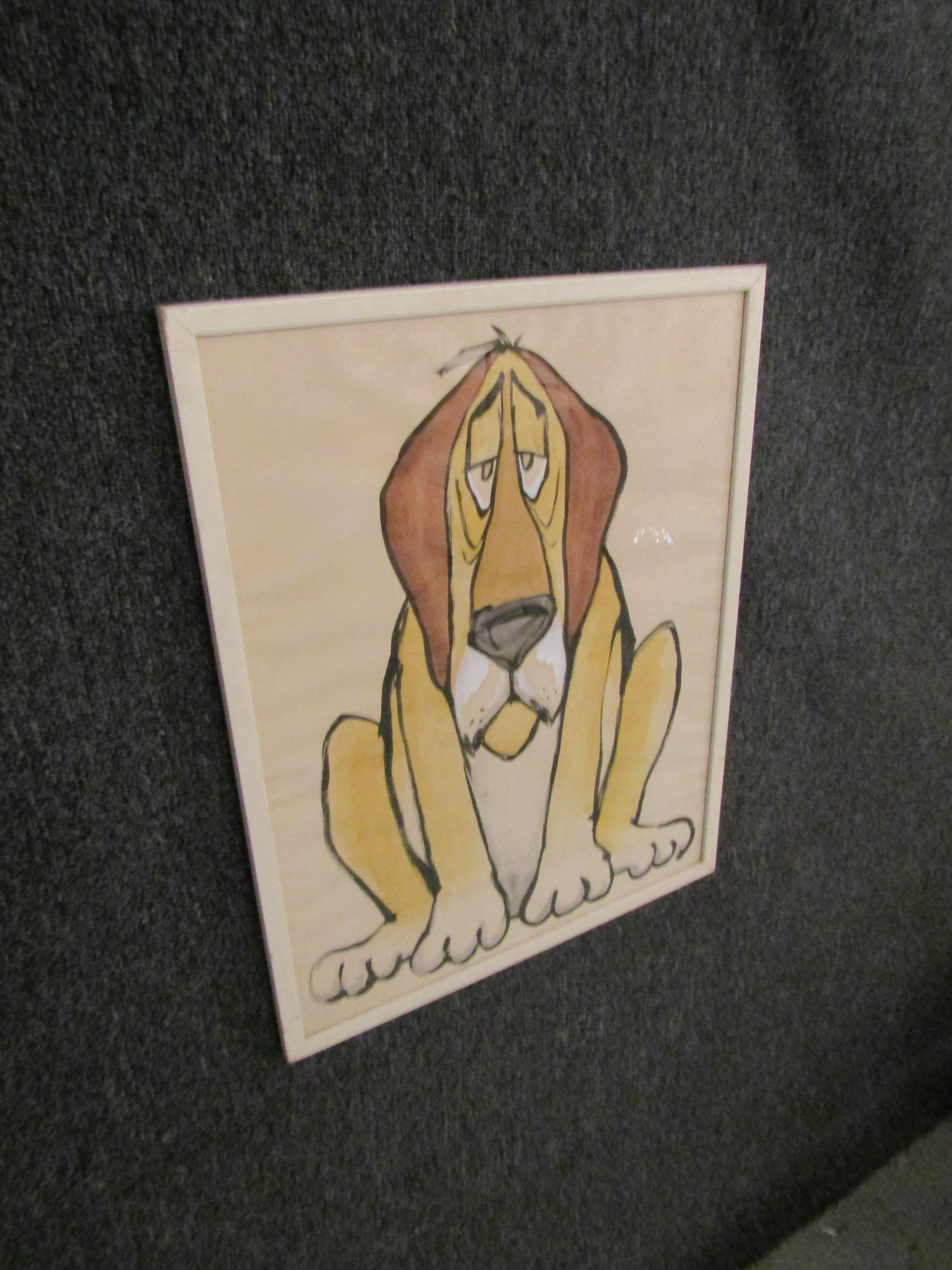 Mid-Century Modern Vintage Watercolor of a Cartoon Dog For Sale