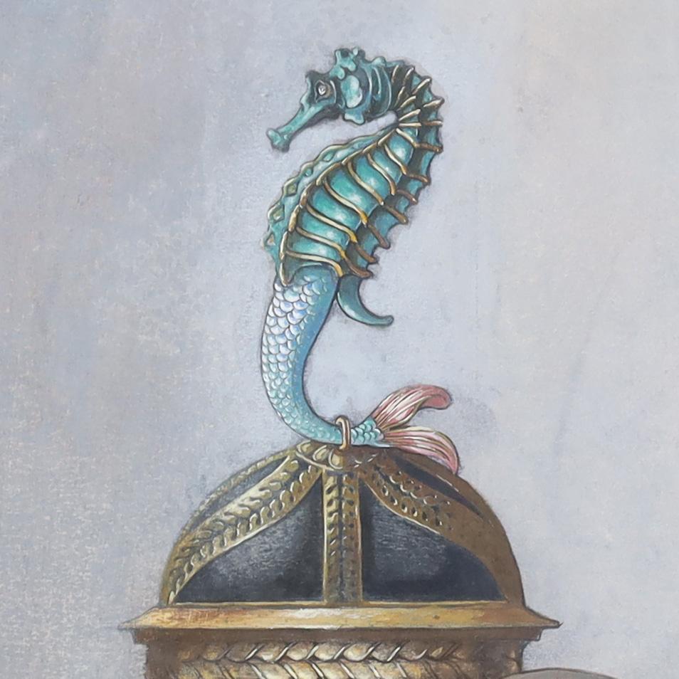 Whimsical watercolor on paper of a centerpiece in an eccentric composition with a seahorse on a nautilus shell supported by red coral on a futuristic base. Given as a Christmas gift by artist Josef Rosl in 1947. Presented under glass in a gilt wood