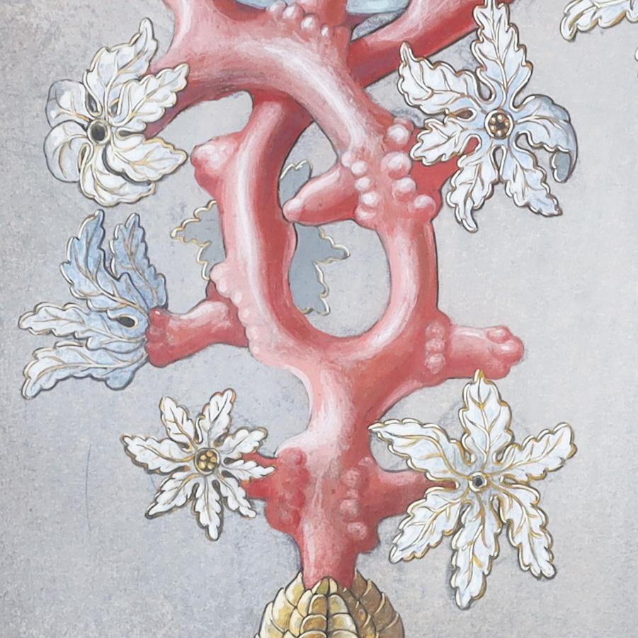 German Vintage Watercolor of a Fantastical Center Piece with Seahorse and Coral
