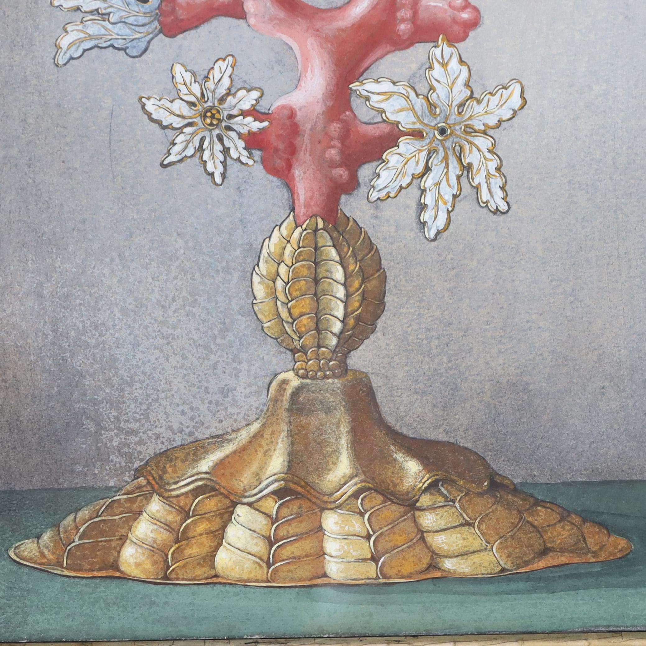 Hand-Painted Vintage Watercolor of a Fantastical Center Piece with Seahorse and Coral