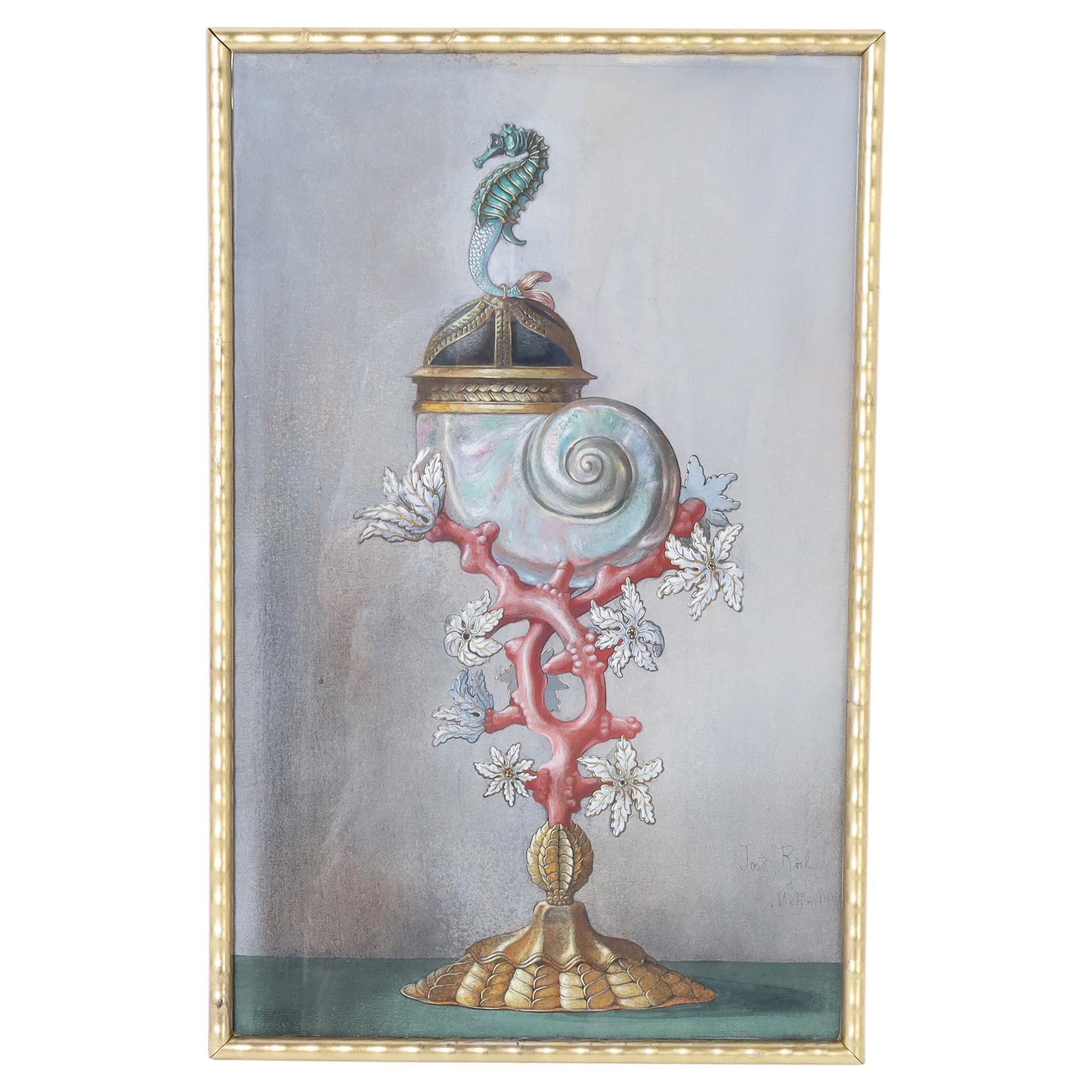 Vintage Watercolor of a Fantastical Center Piece with Seahorse and Coral