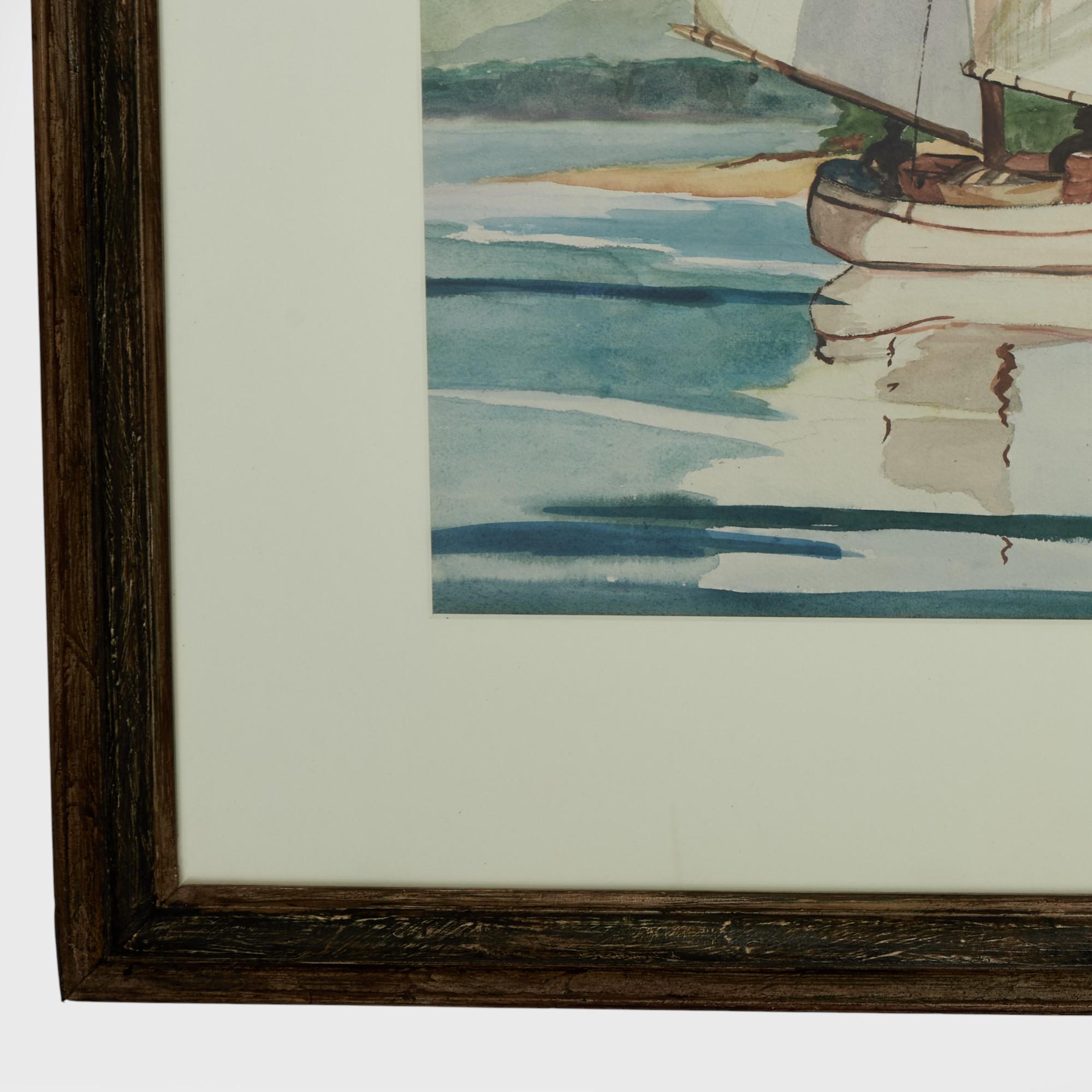 Vintage Aquarell einer tropischen Bucht mit Segelboot von Grace Huber Morgan (Handbemalt) im Angebot