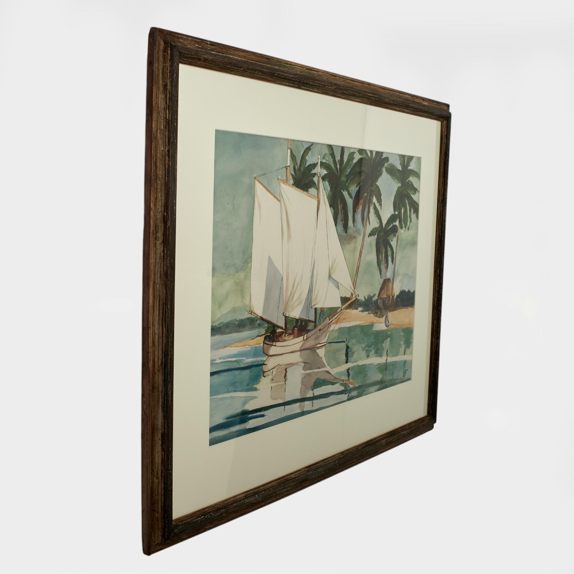 Vintage Aquarell einer tropischen Bucht mit Segelboot von Grace Huber Morgan (Farbe) im Angebot