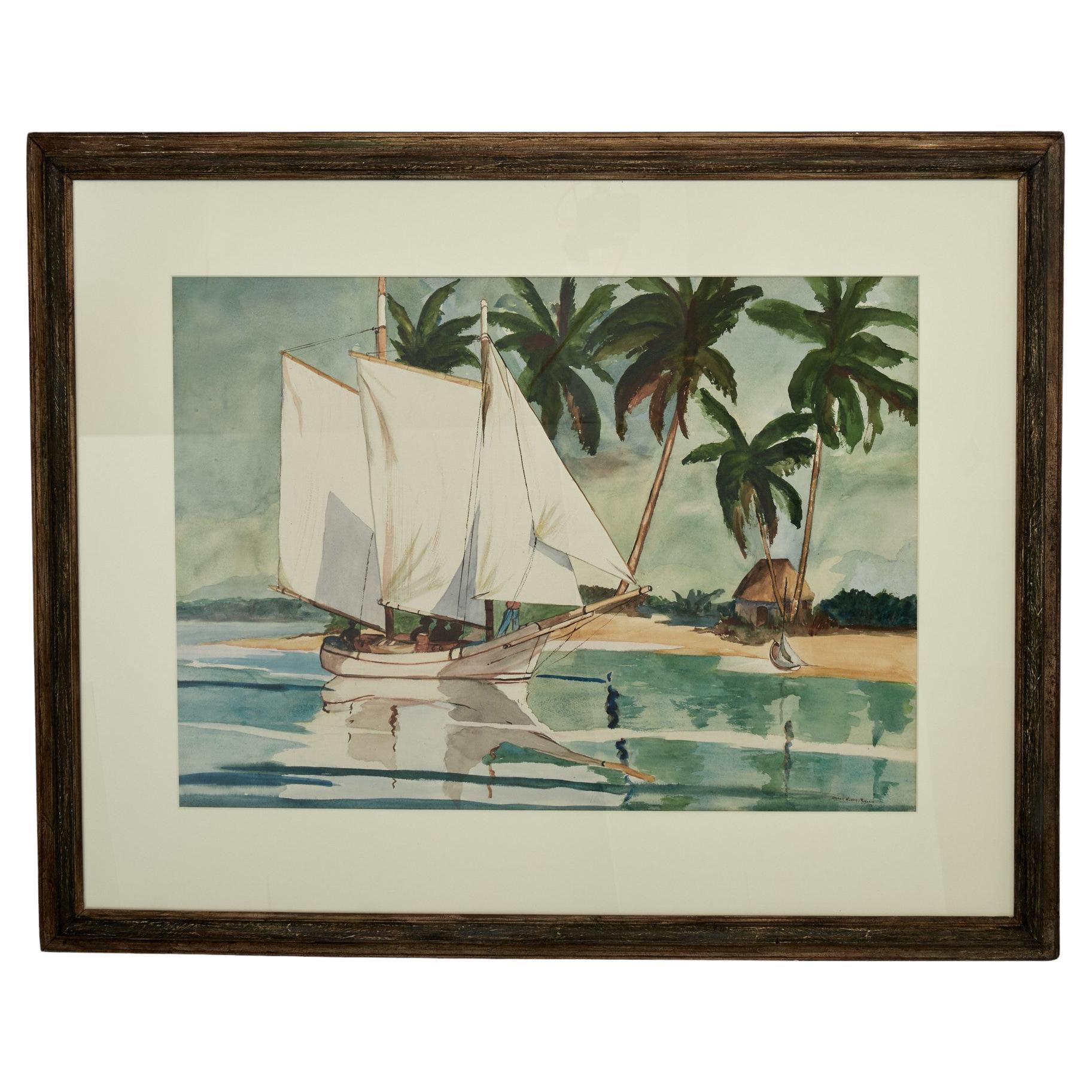 Vintage Aquarell einer tropischen Bucht mit Segelboot von Grace Huber Morgan