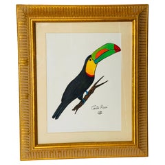 Acuarela vintage de un tucán, firmada y enmarcada en oro