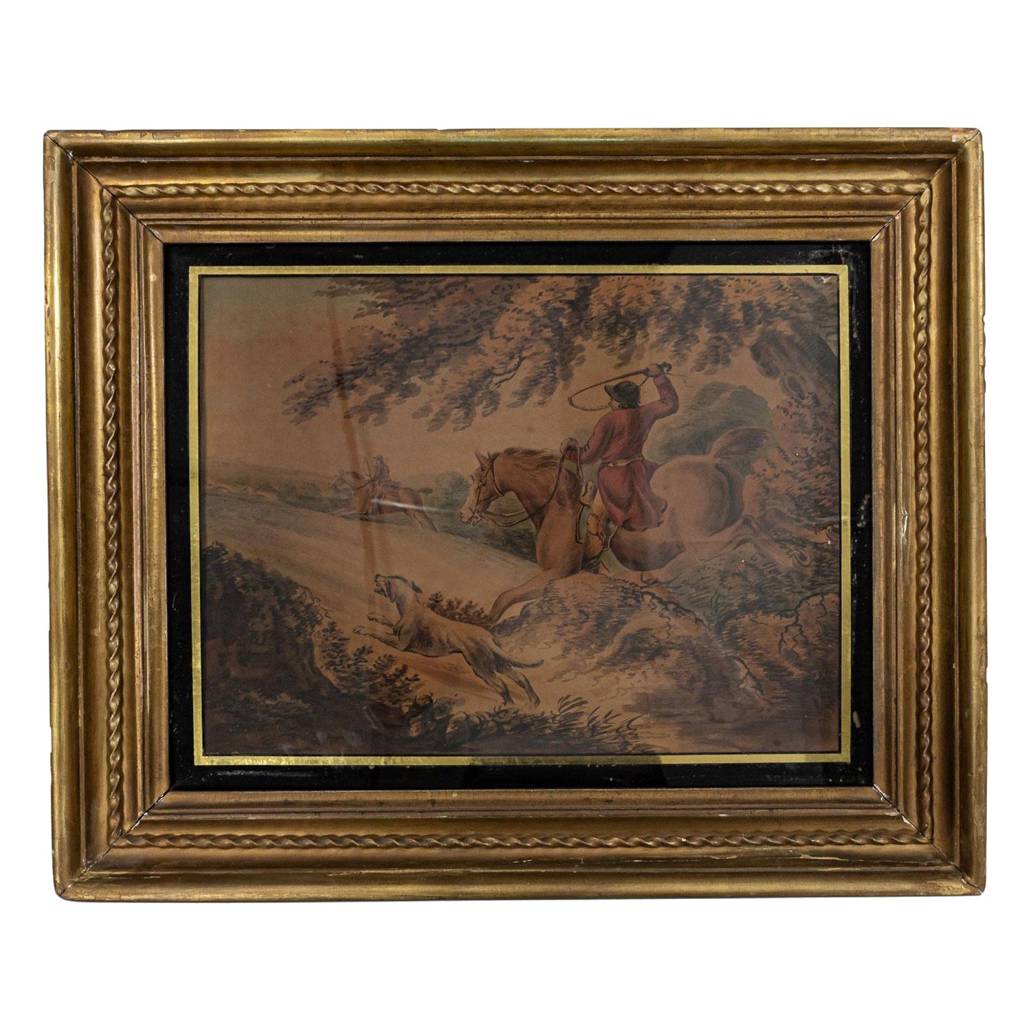 Vintage Watercolor Painting of Hunters on Horses