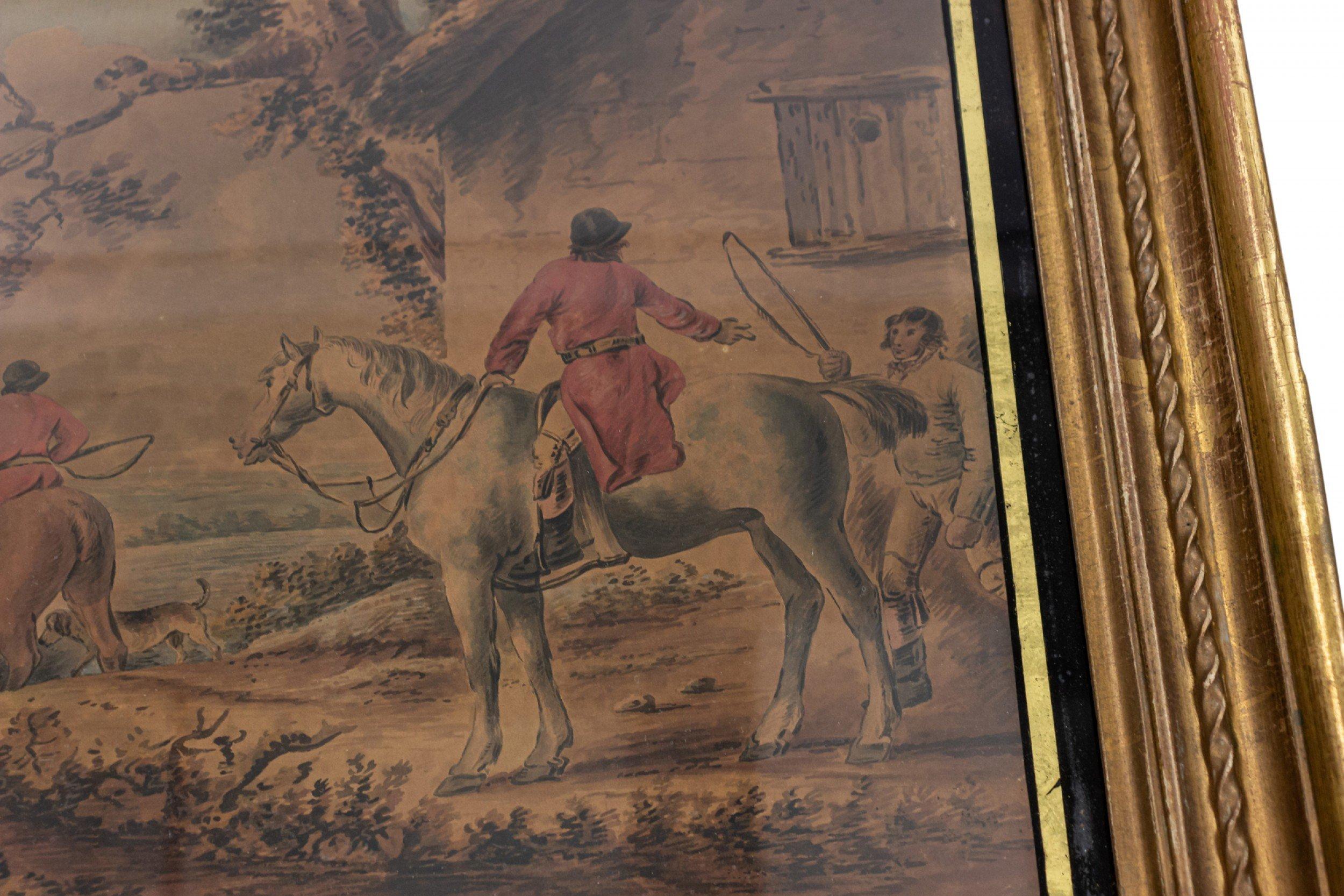 English Victorian watercolor painting of two hunters on horses accompanied by dogs under glass in a gold and black rectangular frame.
 