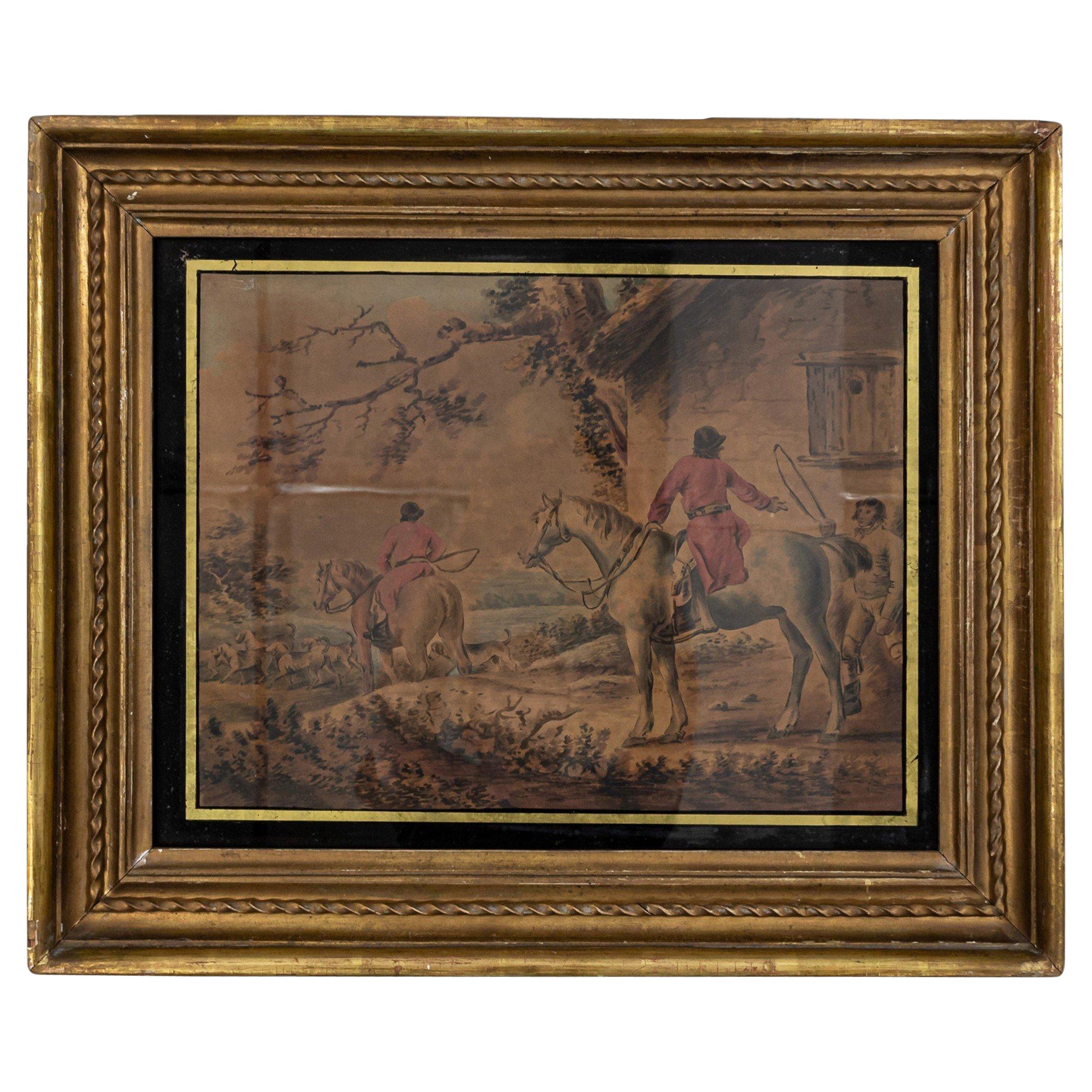 Vintage-Aquarellgemälde von Jägern auf Pferden mit Hunden