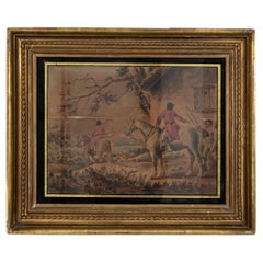 Aquarelle vintage représentant des chasseurs sur des chevaux avec des chiens