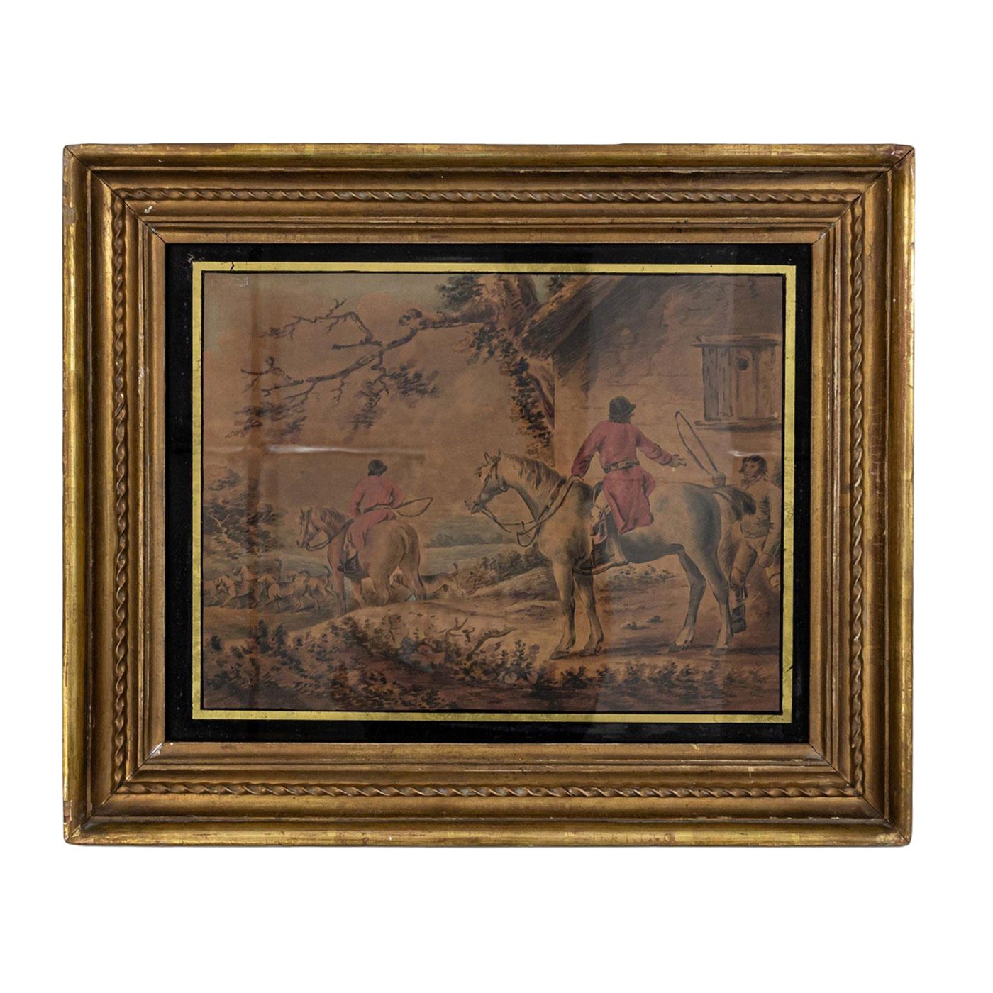 Vintage Watercolor Painting of Hunters on Horses with Dogs