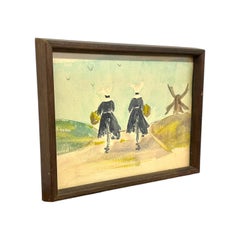 Vintage Watercolor Painting of Nuns on Bicycles with Windmill – Framed.