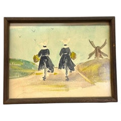 Vintage Watercolor Painting of Nuns on Bicycles with Windmill – Framed.