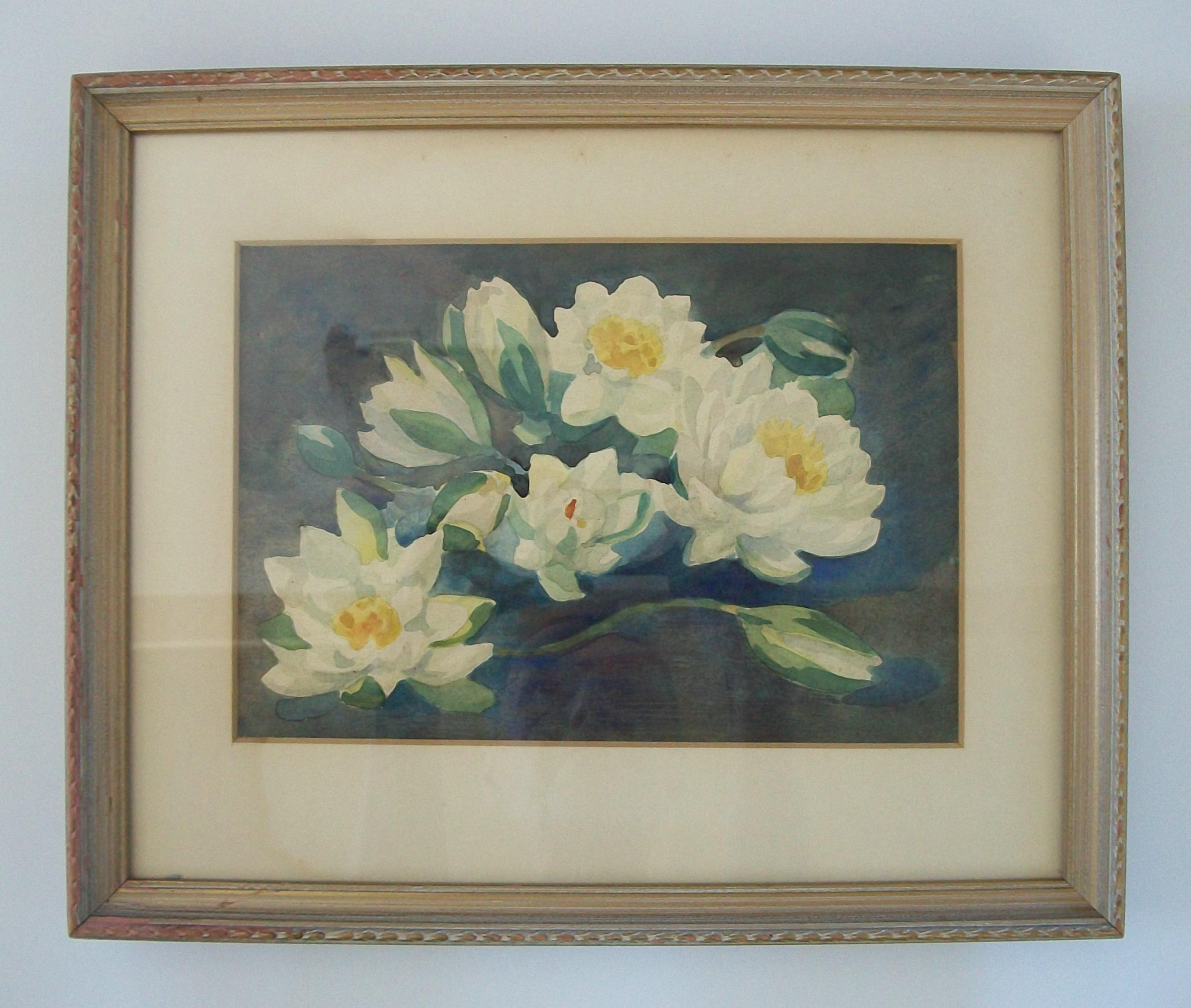 Vintage-Aquarellgemälde von Wasserlilien im Vintage-Stil - gerahmt - Kanada - Mitte des 20. Jahrhunderts (Moderne der Mitte des Jahrhunderts) im Angebot