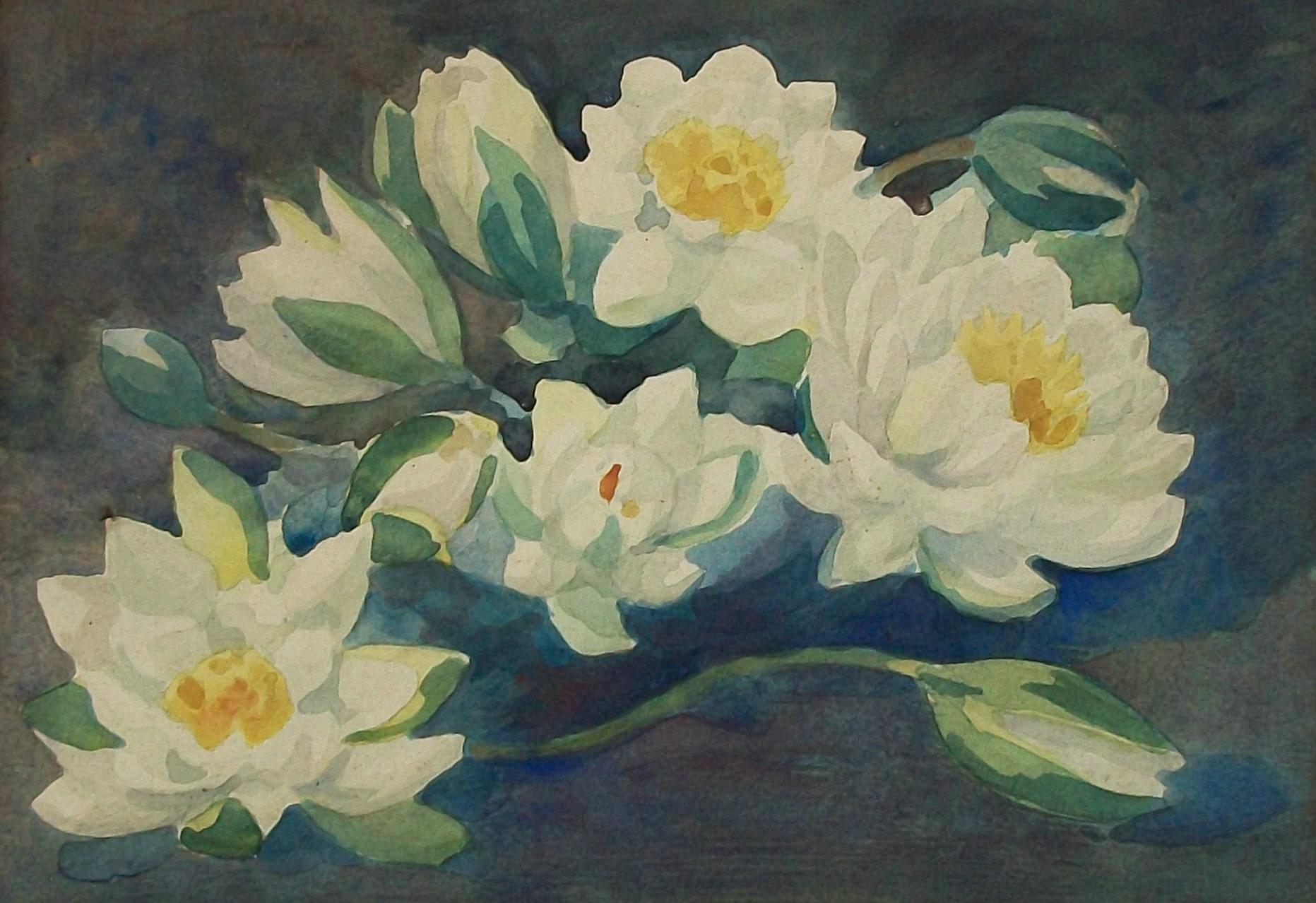 Vintage-Aquarellgemälde von Wasserlilien im Vintage-Stil - gerahmt - Kanada - Mitte des 20. Jahrhunderts (Kanadisch) im Angebot