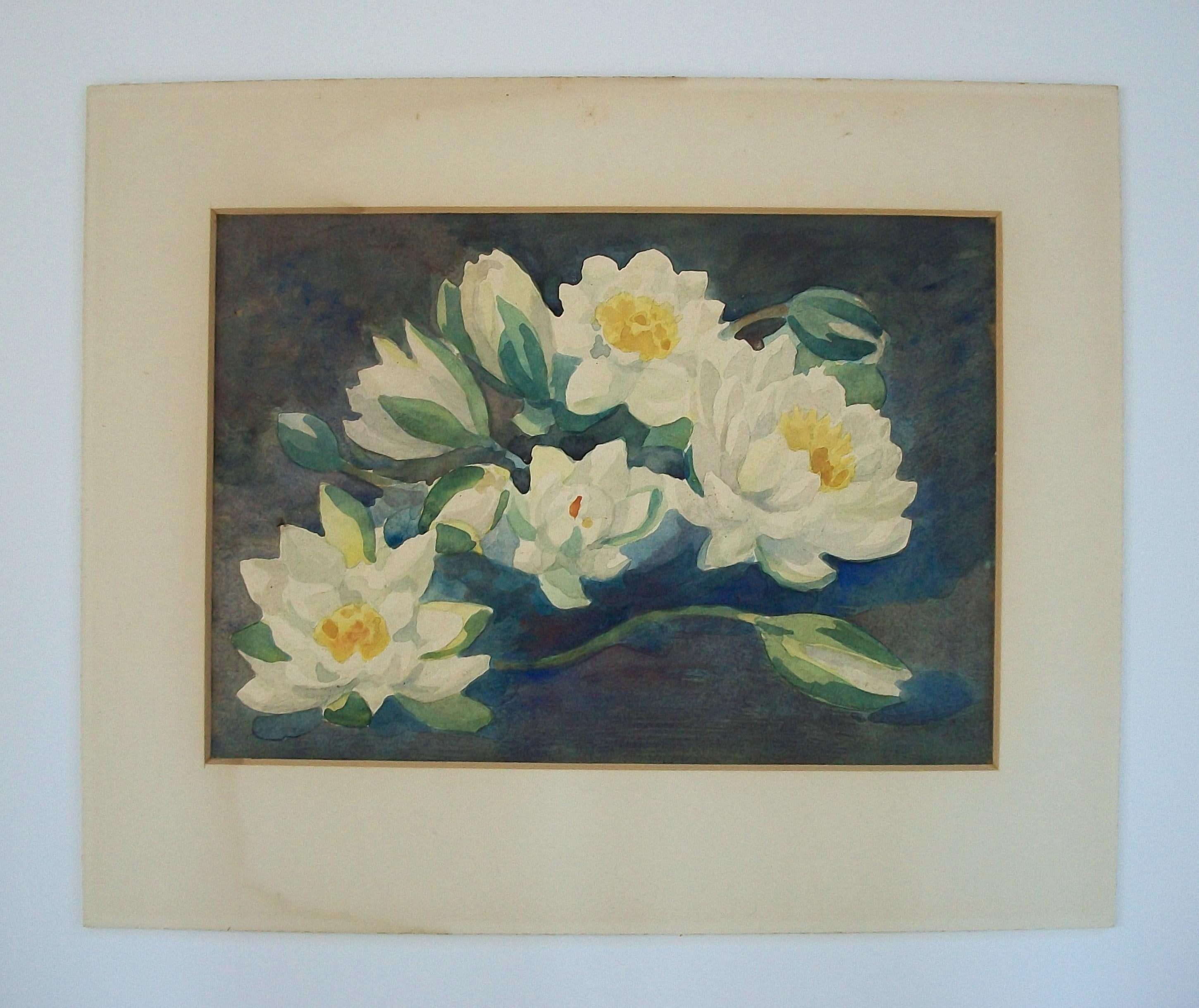Vintage-Aquarellgemälde von Wasserlilien im Vintage-Stil - gerahmt - Kanada - Mitte des 20. Jahrhunderts (Handbemalt) im Angebot