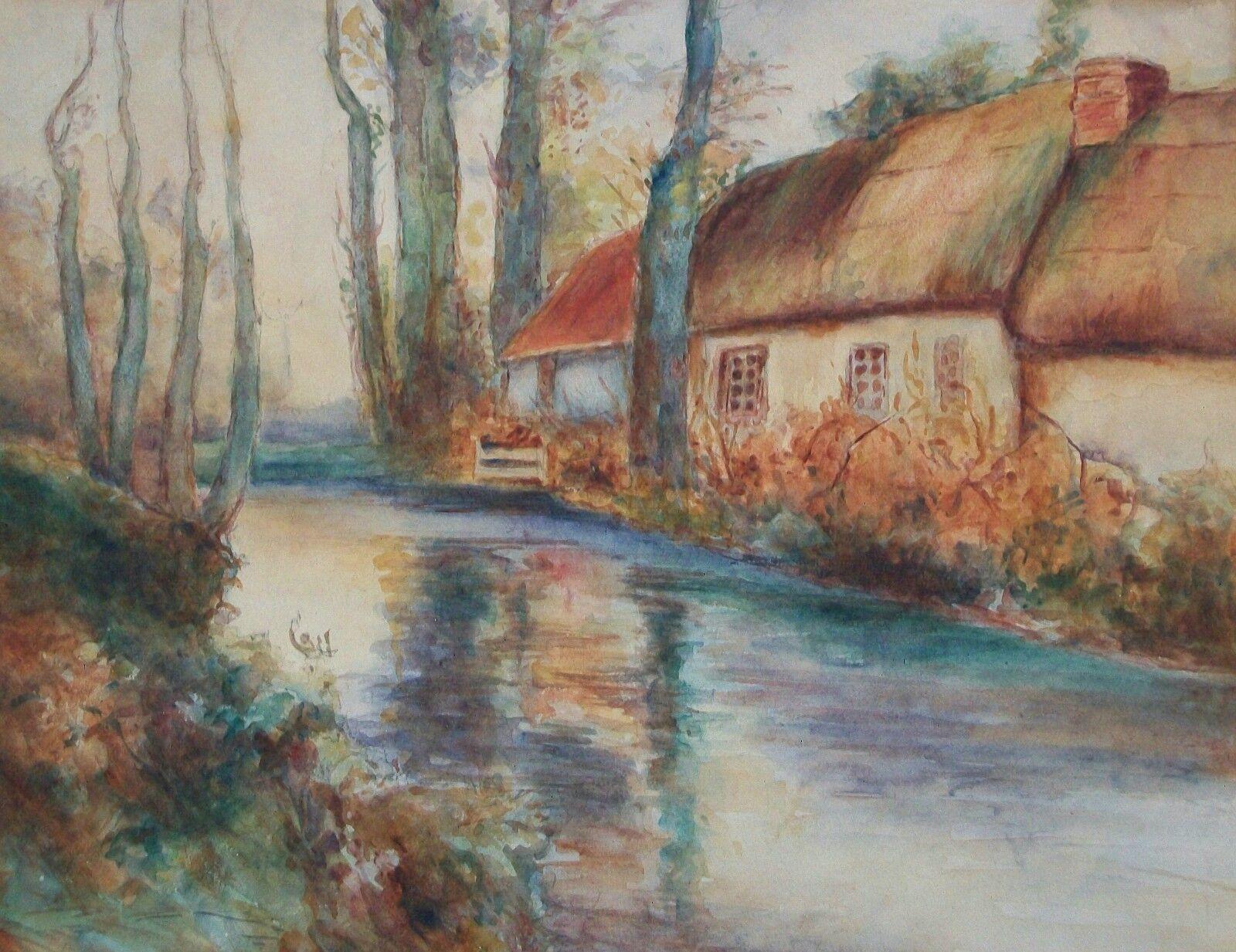 MEE (Möglicherweise Margaret Mee) - Vintage Flussansicht Aquarell Landschaft Gemälde auf Papier - mit Klebstoff auf Karte montiert - ungerahmt - signiert unten links - Vereinigtes Königreich - 20. Jahrhundert. 

Guter Vintage-Zustand -