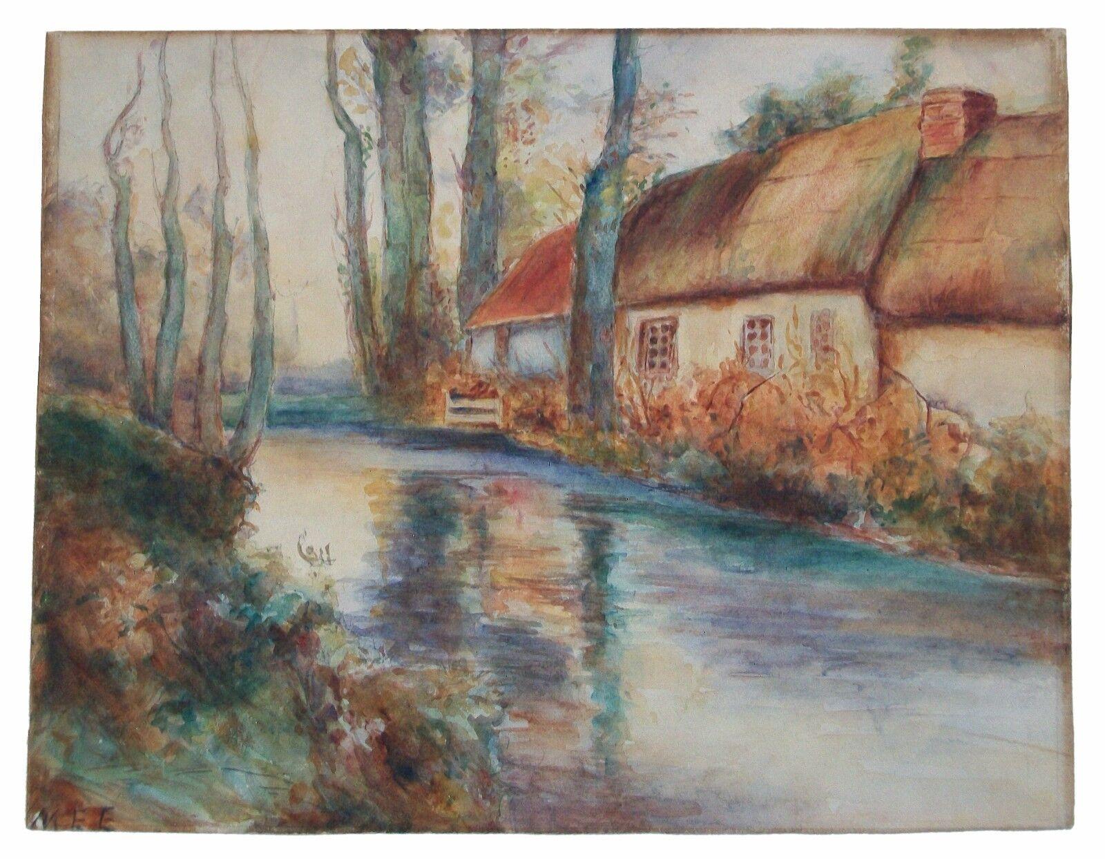 Romantic Vintage Watercolor Painting, Signed, Unframed, U.K., 20th Century For Sale