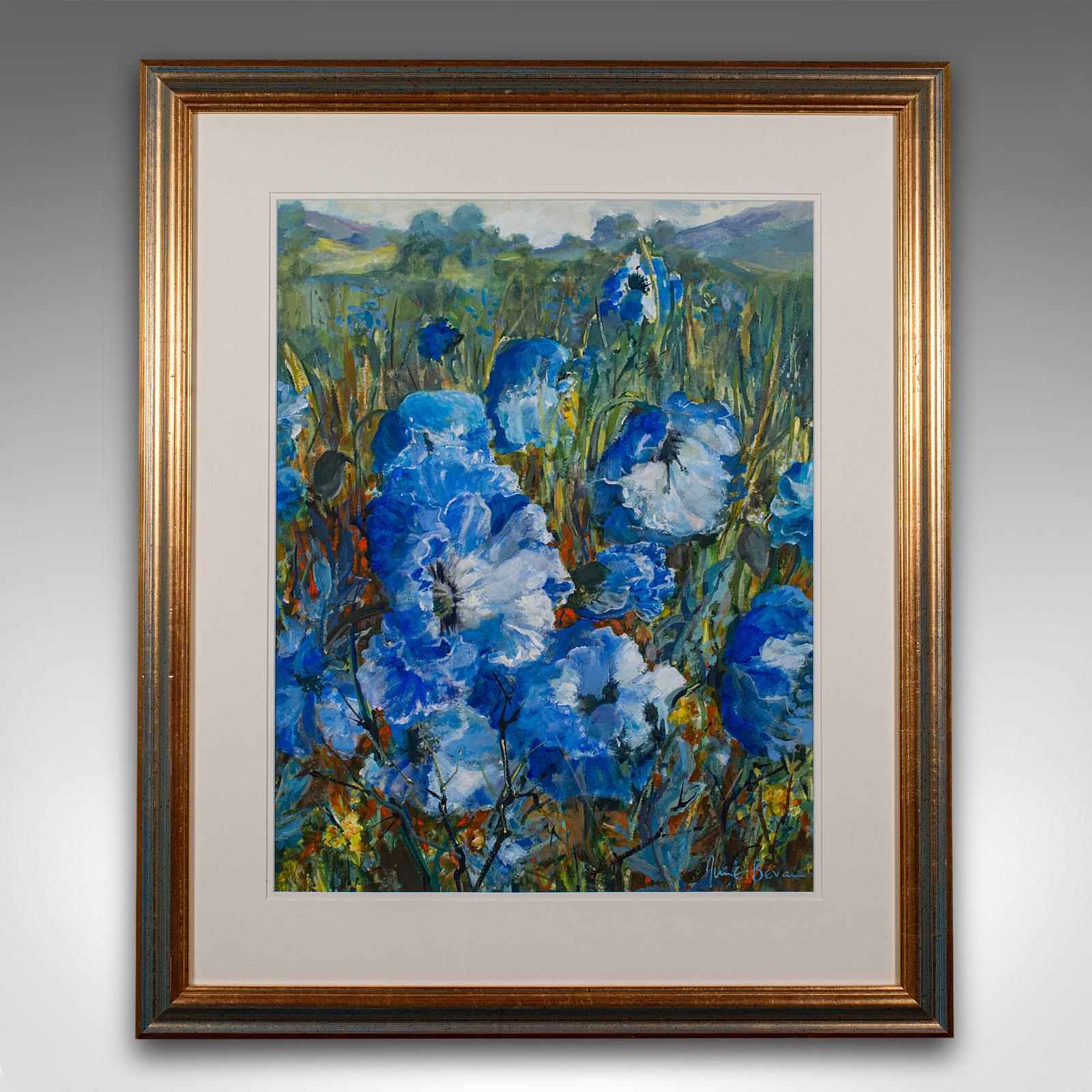 
This is a vintage watercolour painting 'Blue Poppies.' An English, field landscape signed by the artist, dating to the late 20th century, circa 1990.

Beautifully presented watercolour with great colour and technique
Displays a desirable aged