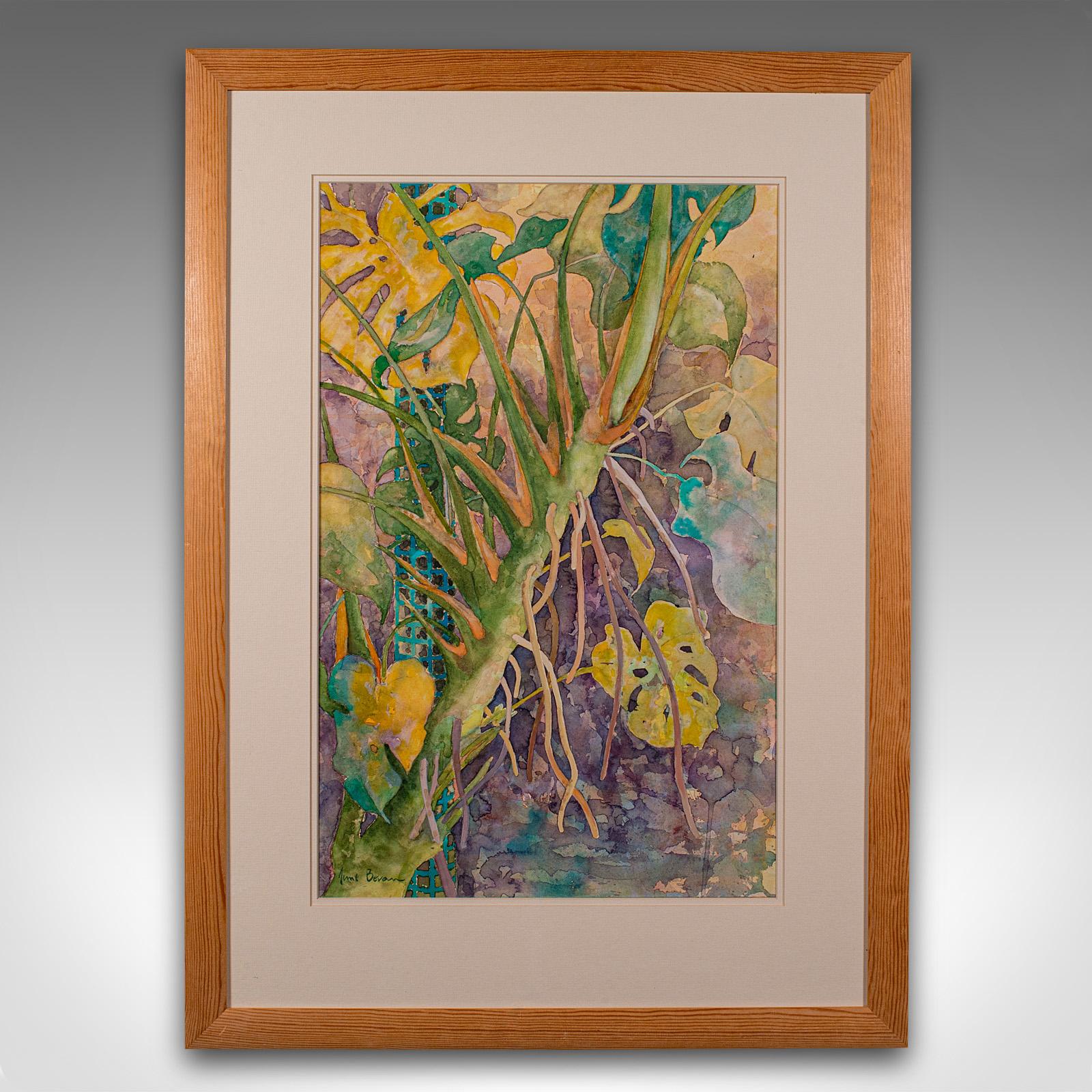
This is a vintage watercolour painting 'Wild Monstera Deliciosa.' An English, framed plant study signed by the artist, dating to the late 20th century, circa 1990.

Charming watercolour with an almost abstract quality
Displays a desirable aged