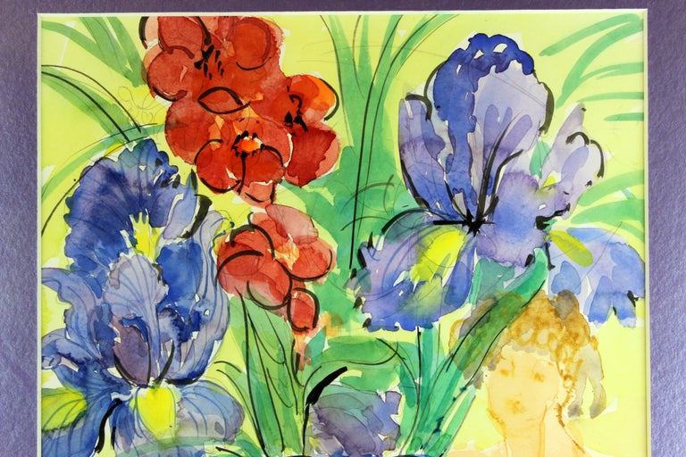 Vintage Watercolor Painting "Irises with Iris" by Joyce Meyers, 1970s