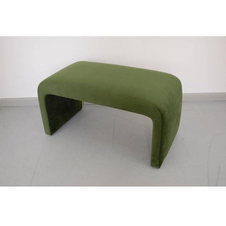Simple and sophisticated waterfall bench freshly upholstered in a moss green velvet. 

In the style of Milo Baughman, Steve Chase, etc.