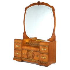 Vintage Waterfall Carved Satinwood Dressing Table with Bakelite Handles c1940