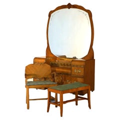 Vintage Waterfall Carved Satinwood Dressing Table with Bakelite Handles c1940