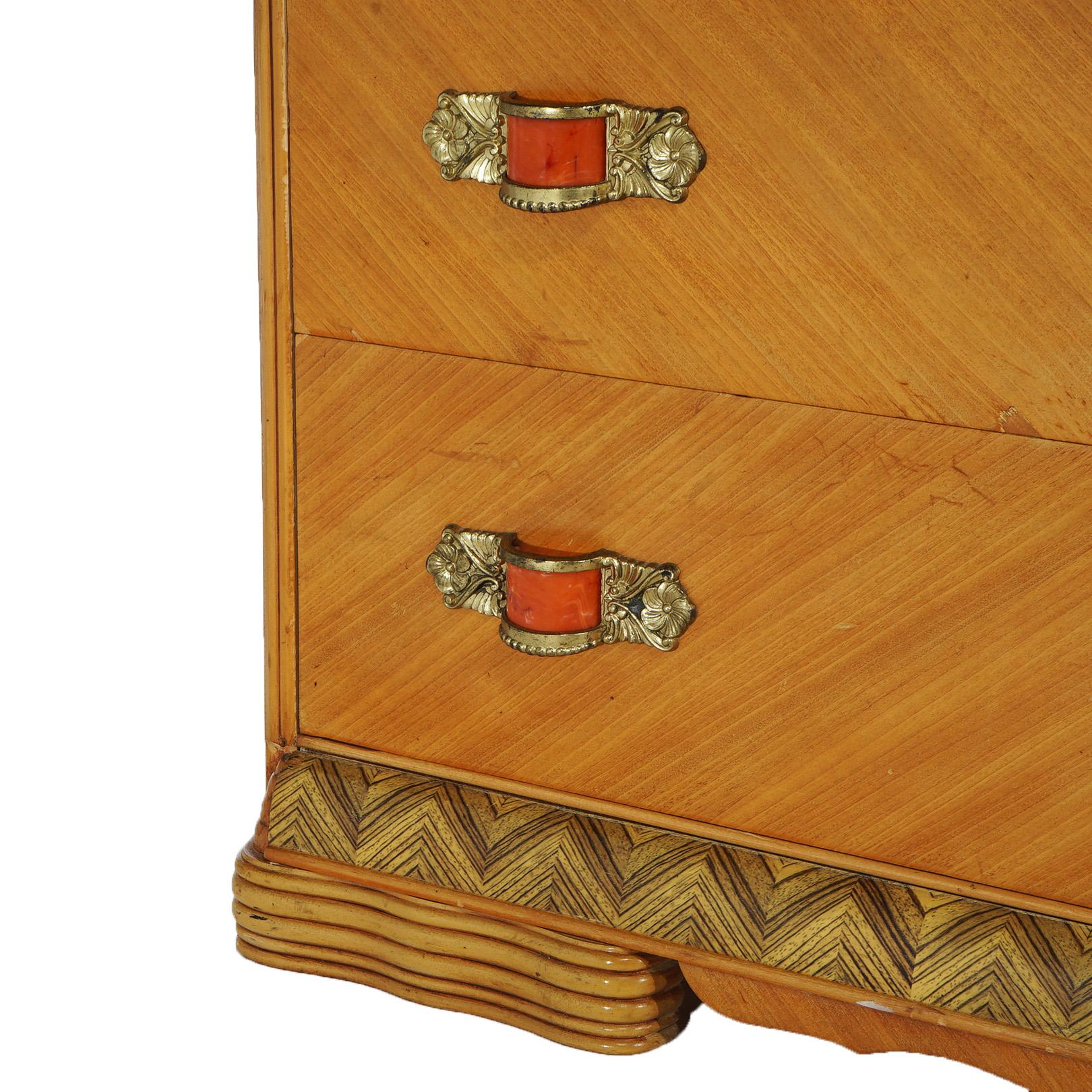 Vintage Waterfall Carved Satinwood & Faux Paint Dresser with Bakelite Handles 1