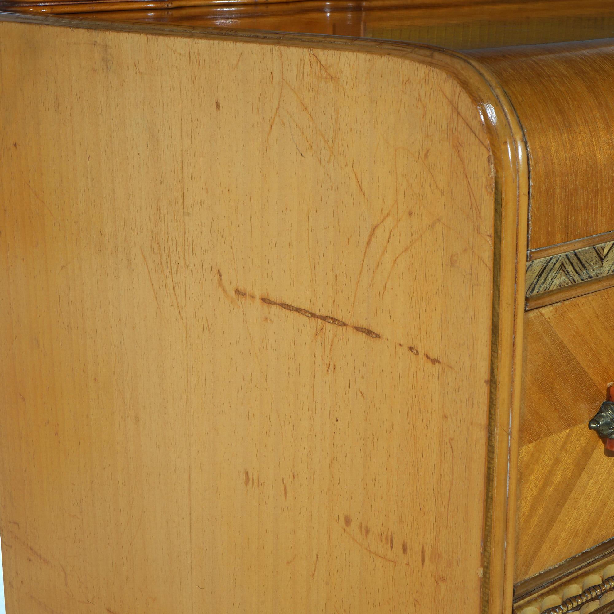 Vintage Waterfall Carved Satinwood & Faux Paint Dresser with Bakelite Handles 3