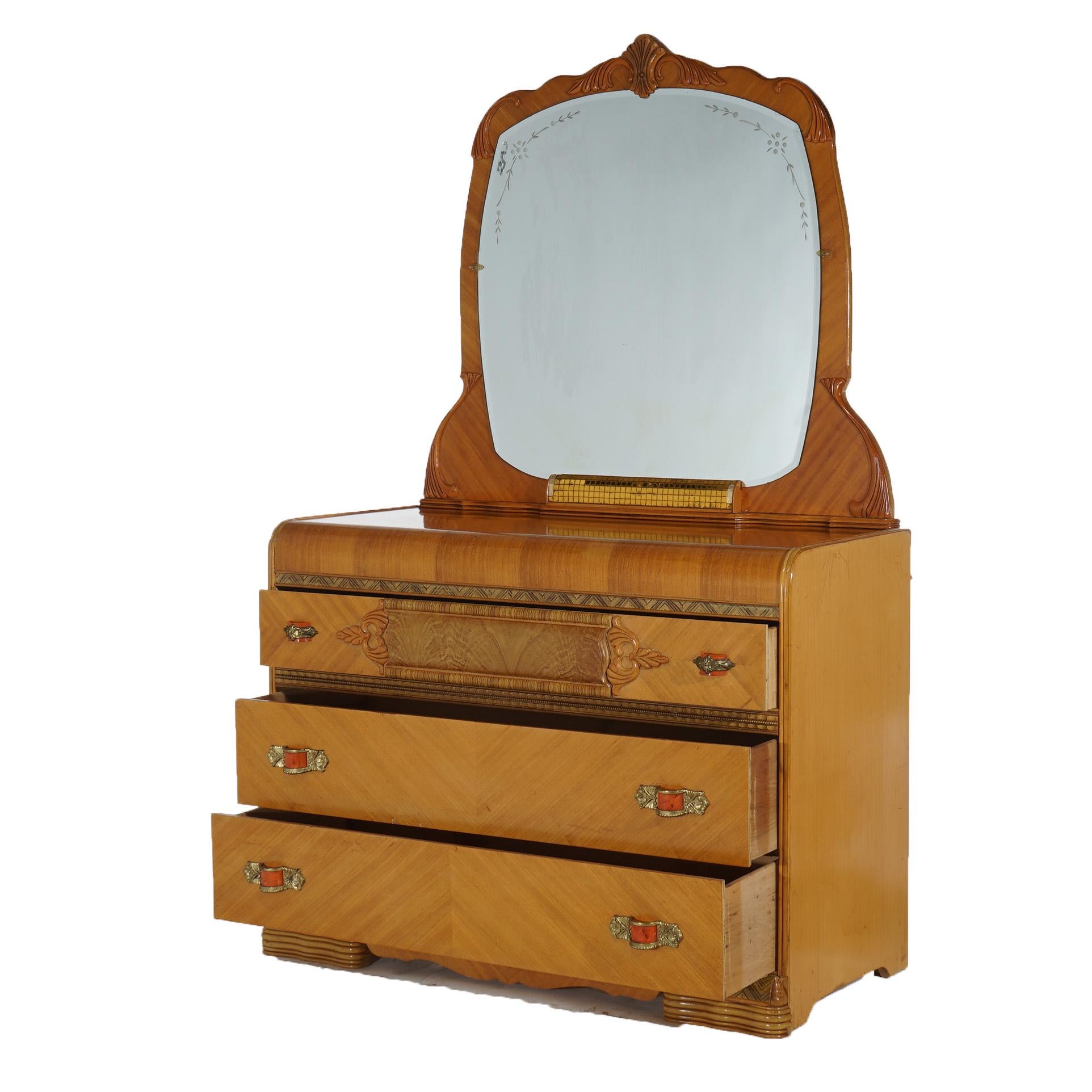 ***Reduced Delivery Rates - See Below or Click “Ask The Seller” to Request a Quote***

Fine Vintage Waterfall Carved Satinwood Dresser with Foliate Elements, Bakelite Handles, Faux Painted Border and Mirror C1940

Measures- 73''H x 47''W x