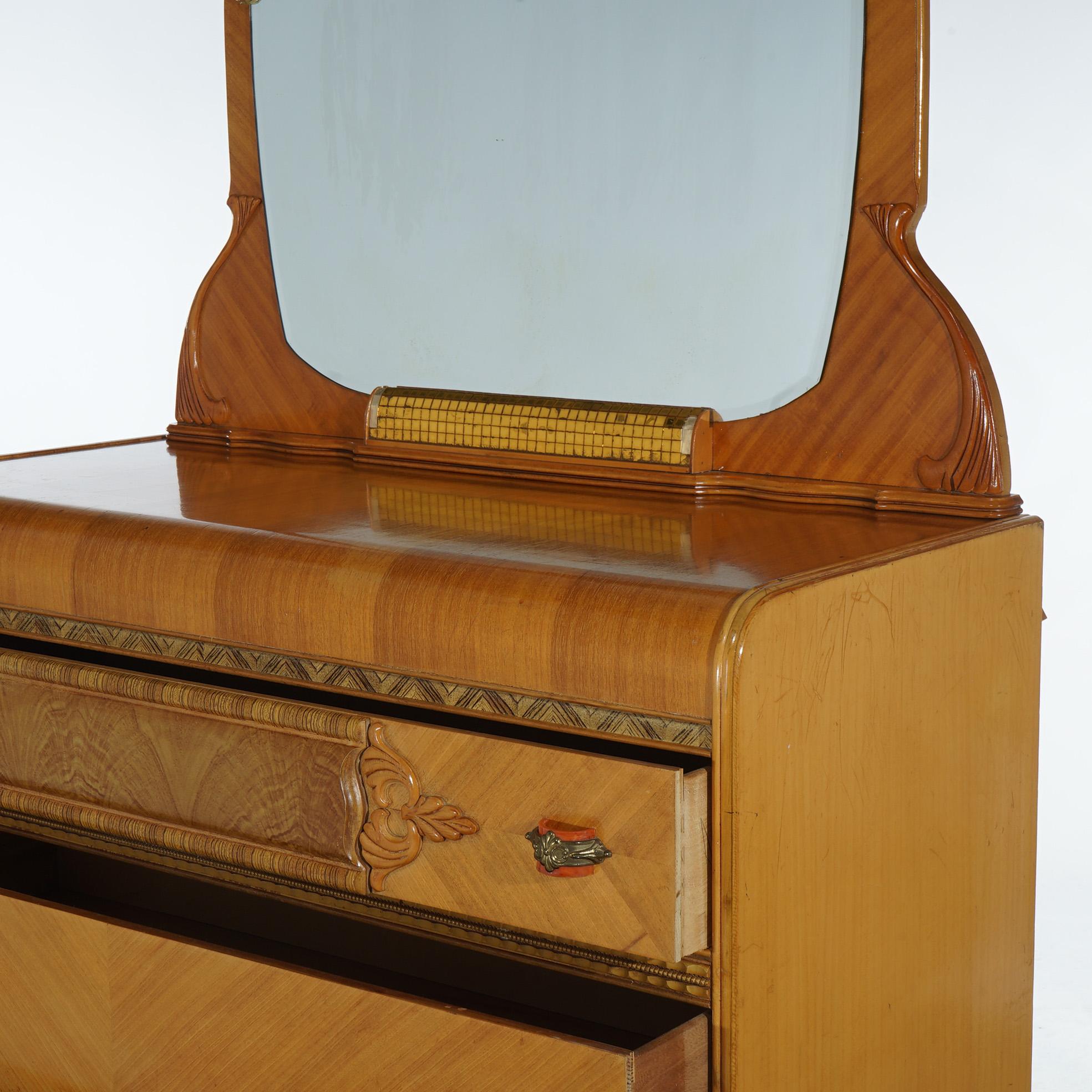 Art Deco Vintage Waterfall Carved Satinwood & Faux Paint Dresser with Bakelite Handles