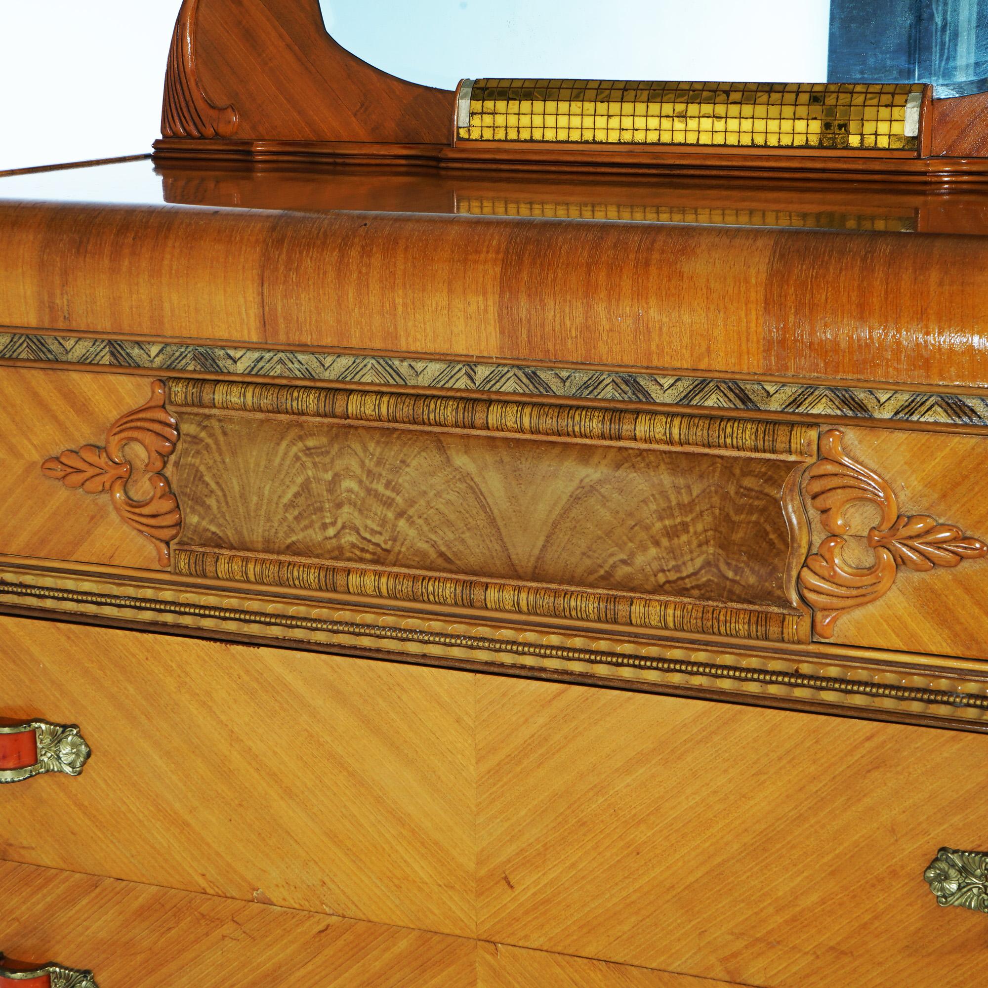 Vintage Waterfall Carved Satinwood & Faux Paint Dresser with Bakelite Handles In Good Condition In Big Flats, NY