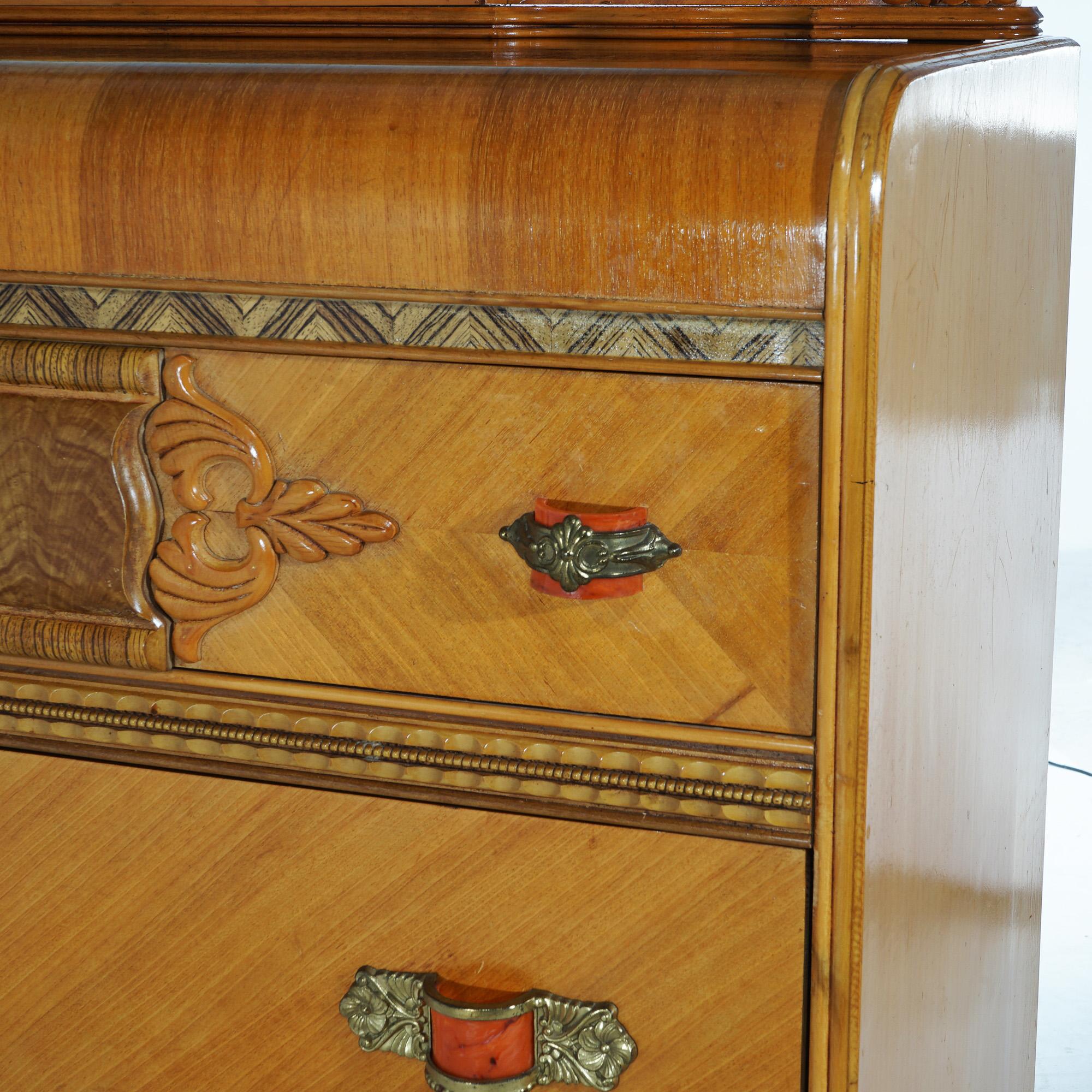 20th Century Vintage Waterfall Carved Satinwood & Faux Paint Dresser with Bakelite Handles