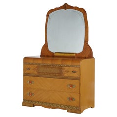 Vintage Waterfall Carved Satinwood & Faux Paint Dresser with Bakelite Handles