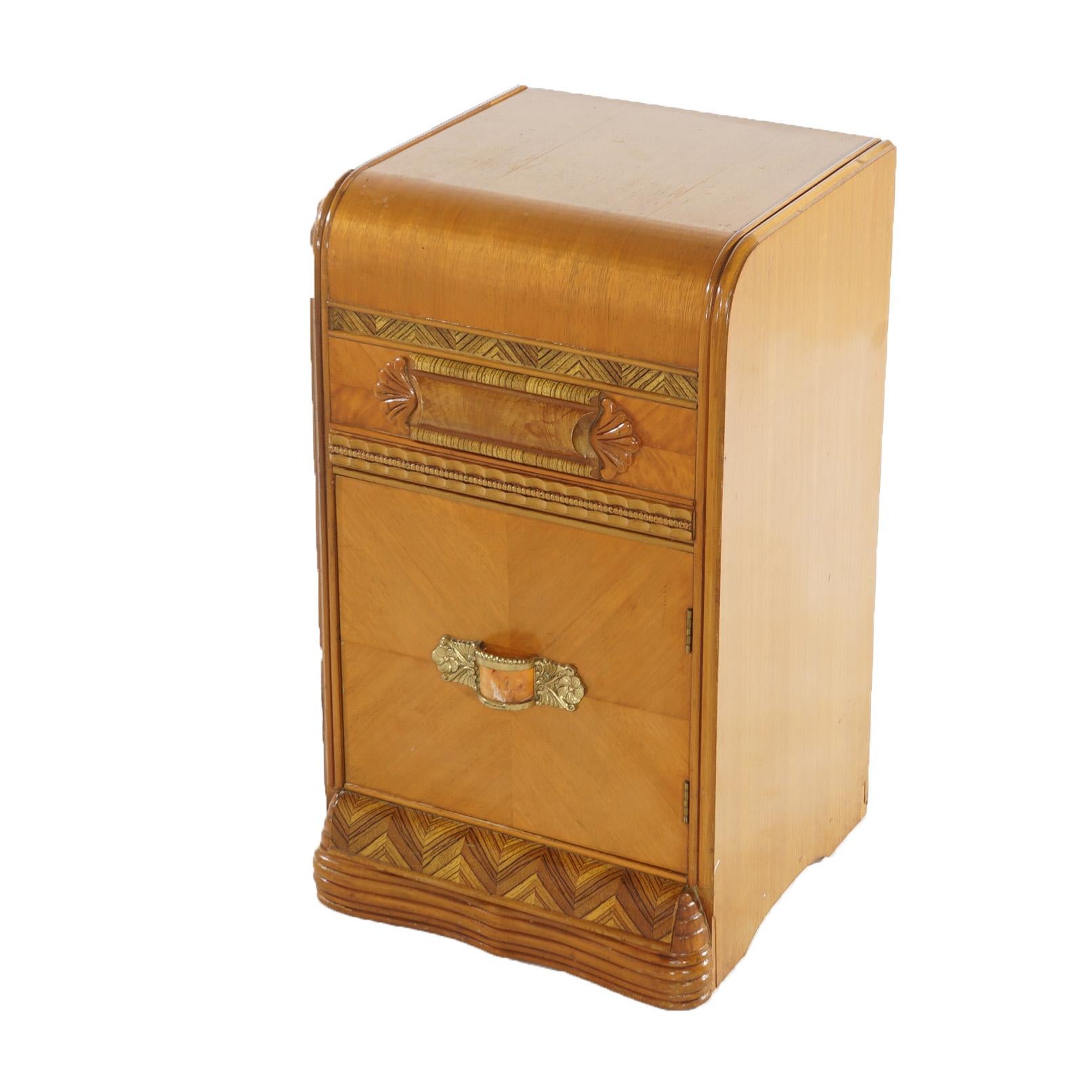 ***Reduced Delivery Rates - See Below or Click “Ask The Seller” to Request a Quote***

Fine Vintage Waterfall Carved Satinwood  & Faux Paint Side Stand with Bakelite Handle, Upper Drawer over Lower Cabinet, c1940

Measures- 26.5''H x 15''W x