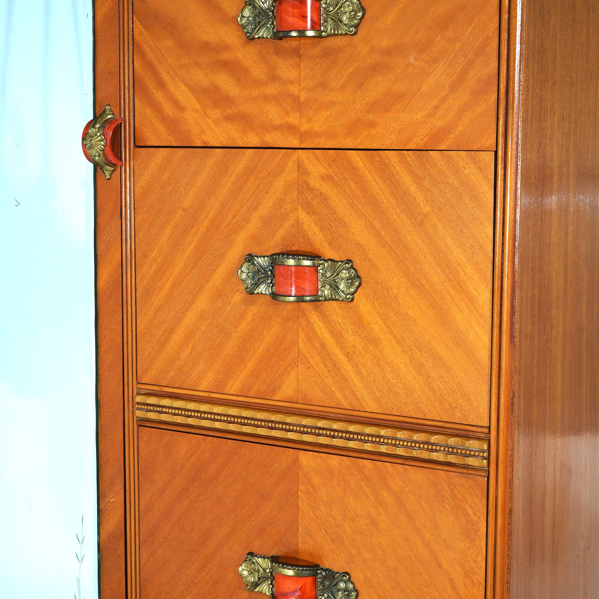 Vintage Waterfall Carved Satinwood &  Faux Paint Wardrobe with Bakelite Handles 5