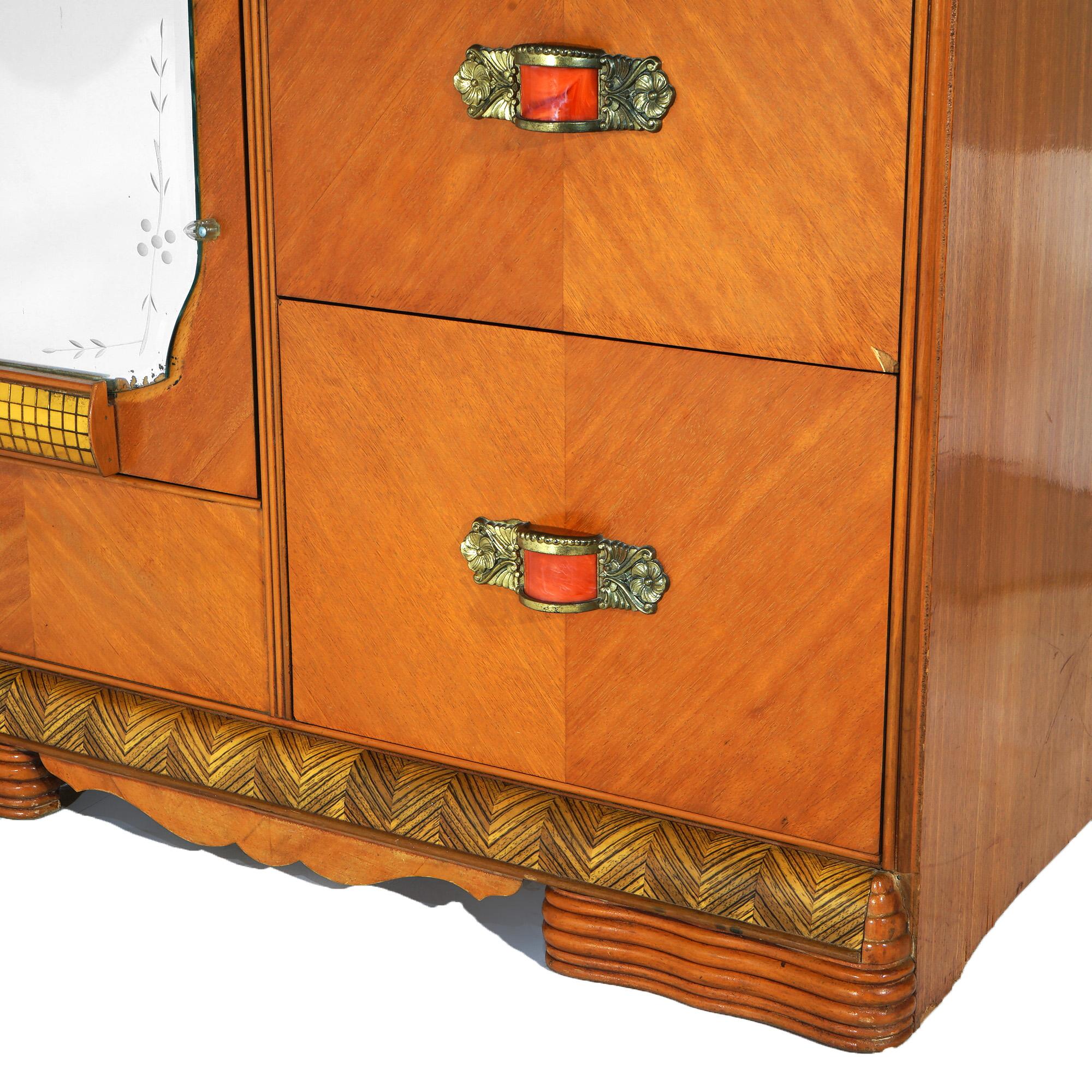 Vintage Waterfall Carved Satinwood &  Faux Paint Wardrobe with Bakelite Handles 6
