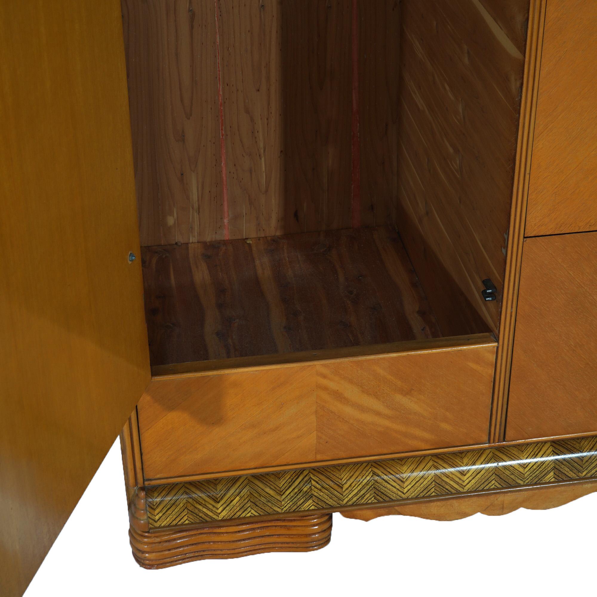 Vintage Waterfall Carved Satinwood &  Faux Paint Wardrobe with Bakelite Handles 7