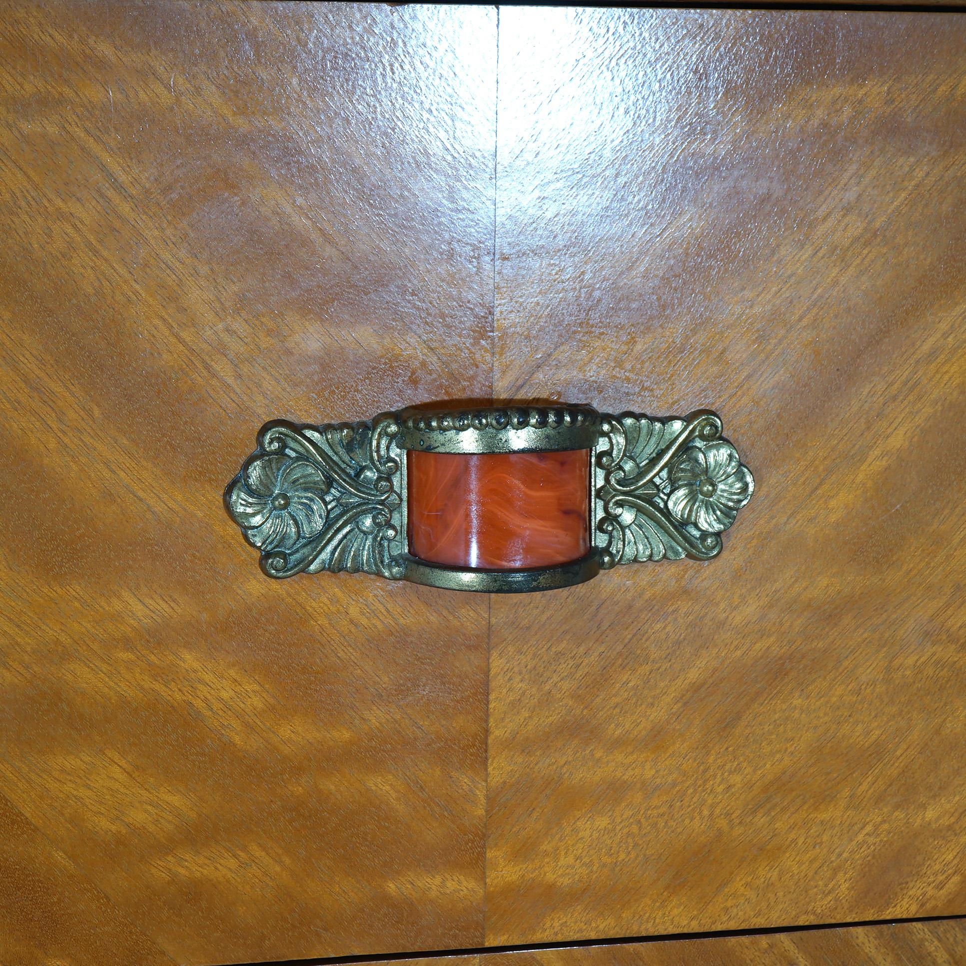 Vintage Waterfall Carved Satinwood &  Faux Paint Wardrobe with Bakelite Handles 9