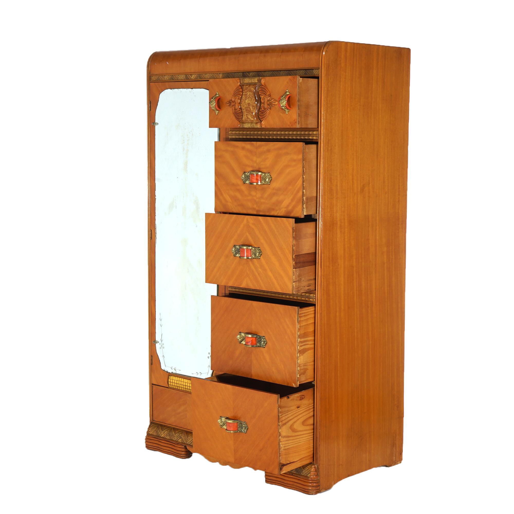 Inlay Vintage Waterfall Carved Satinwood &  Faux Paint Wardrobe with Bakelite Handles