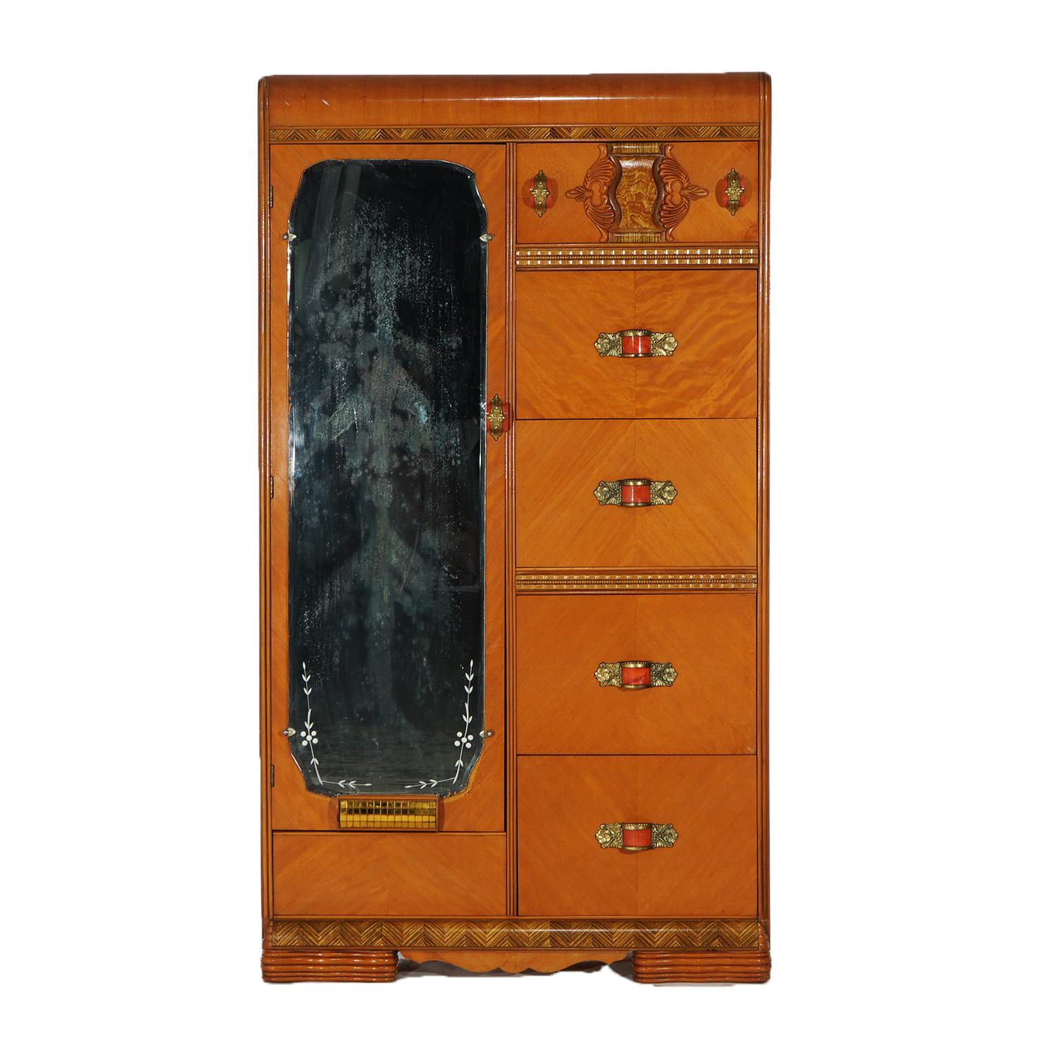 Vintage Waterfall Carved Satinwood &  Faux Paint Wardrobe with Bakelite Handles In Good Condition In Big Flats, NY