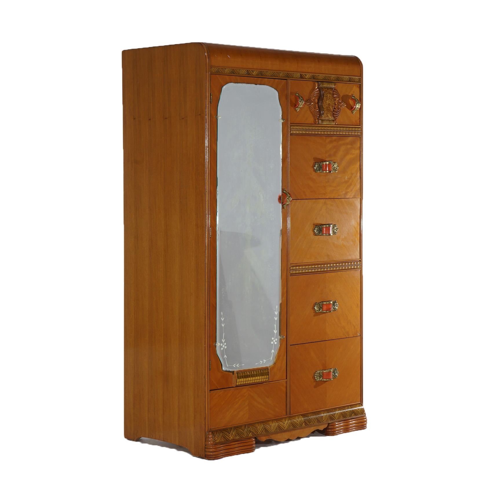 20th Century Vintage Waterfall Carved Satinwood &  Faux Paint Wardrobe with Bakelite Handles