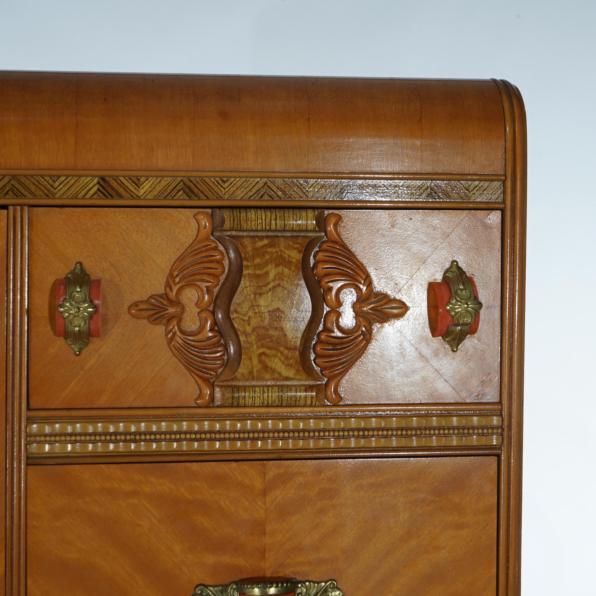 Vintage Waterfall Carved Satinwood &  Faux Paint Wardrobe with Bakelite Handles 2