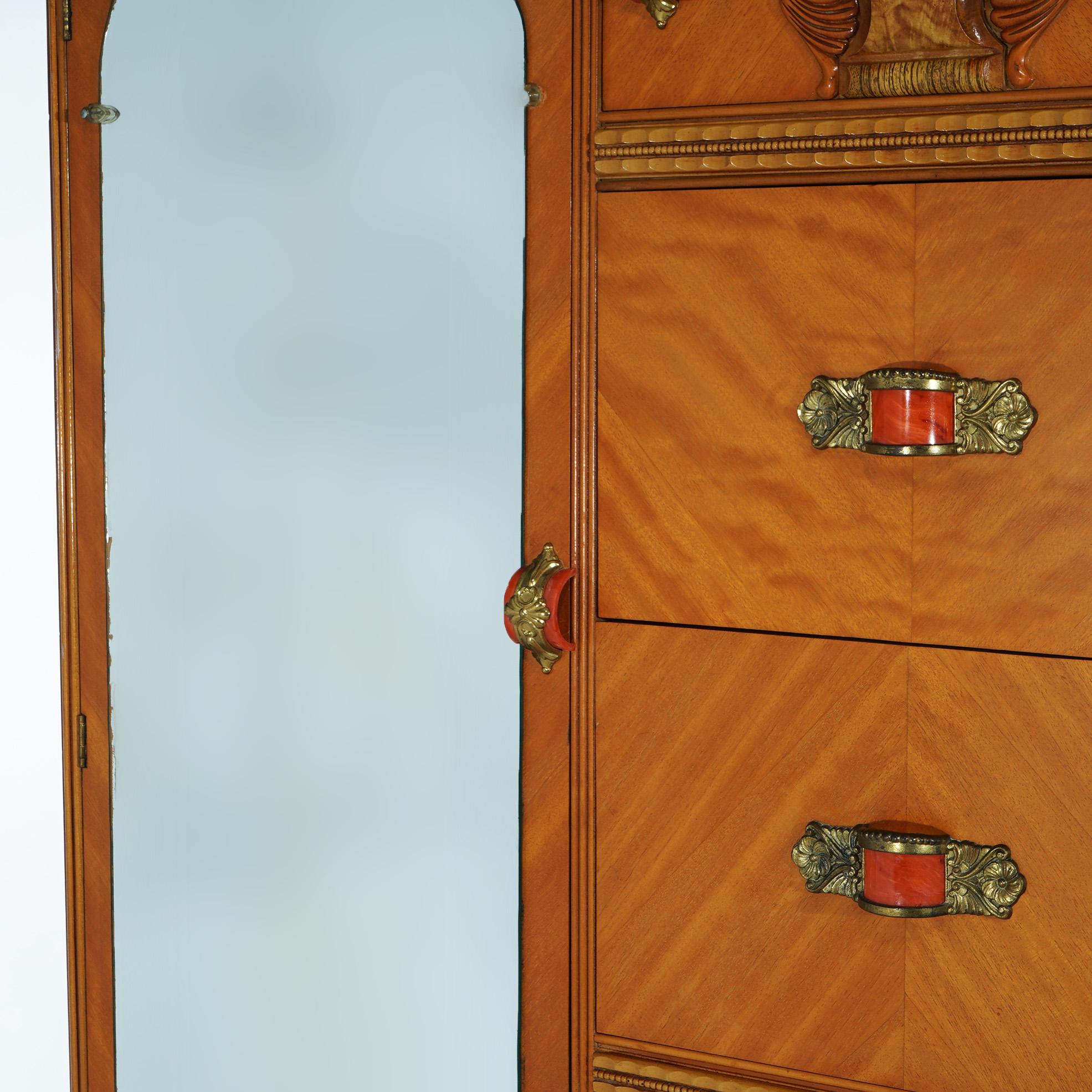 Vintage Waterfall Carved Satinwood &  Faux Paint Wardrobe with Bakelite Handles 3