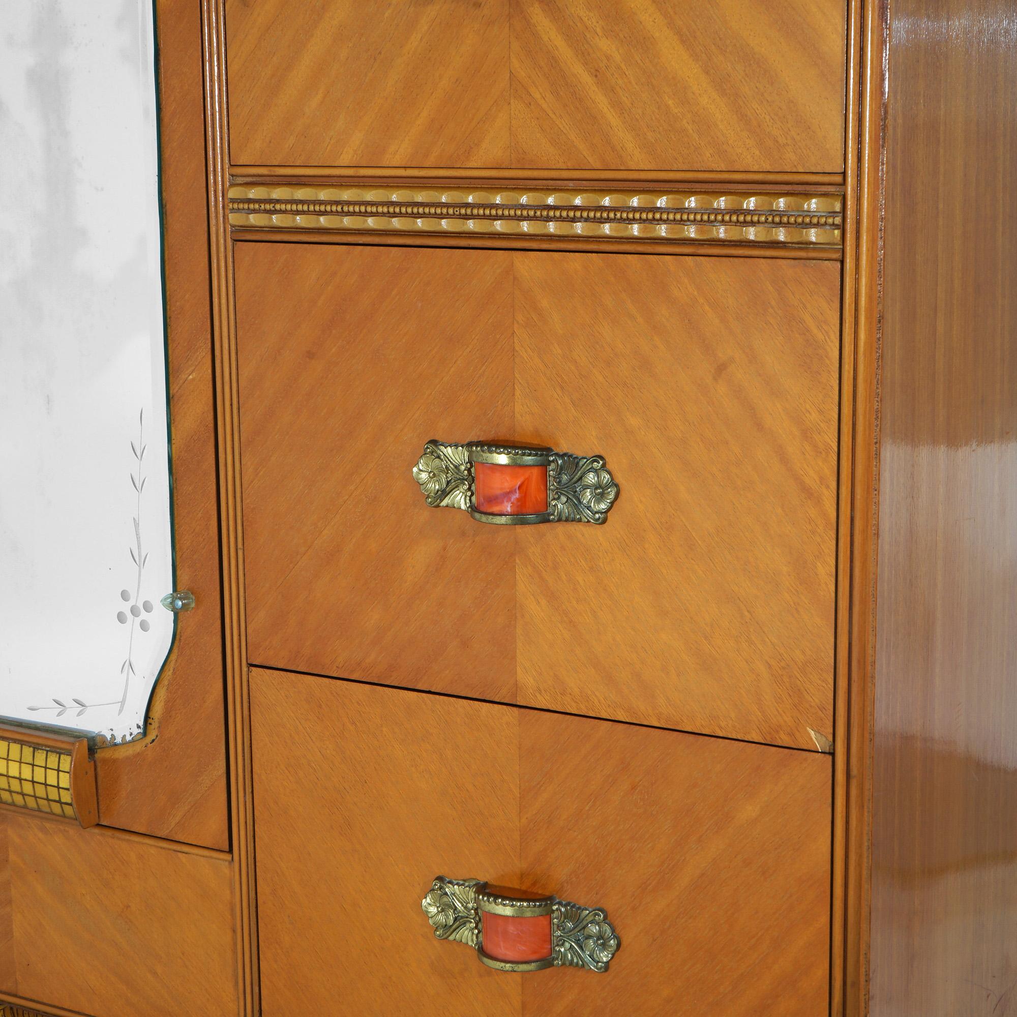 Vintage Waterfall Carved Satinwood &  Faux Paint Wardrobe with Bakelite Handles 4