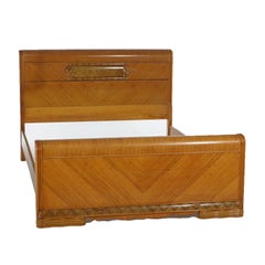 Vintage Waterfall Carved Satinwood Faux Painted Full Size Bed Frame C1940