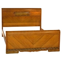 Vintage Waterfall Carved Satinwood Faux Painted Full Size Bed Frame C1940