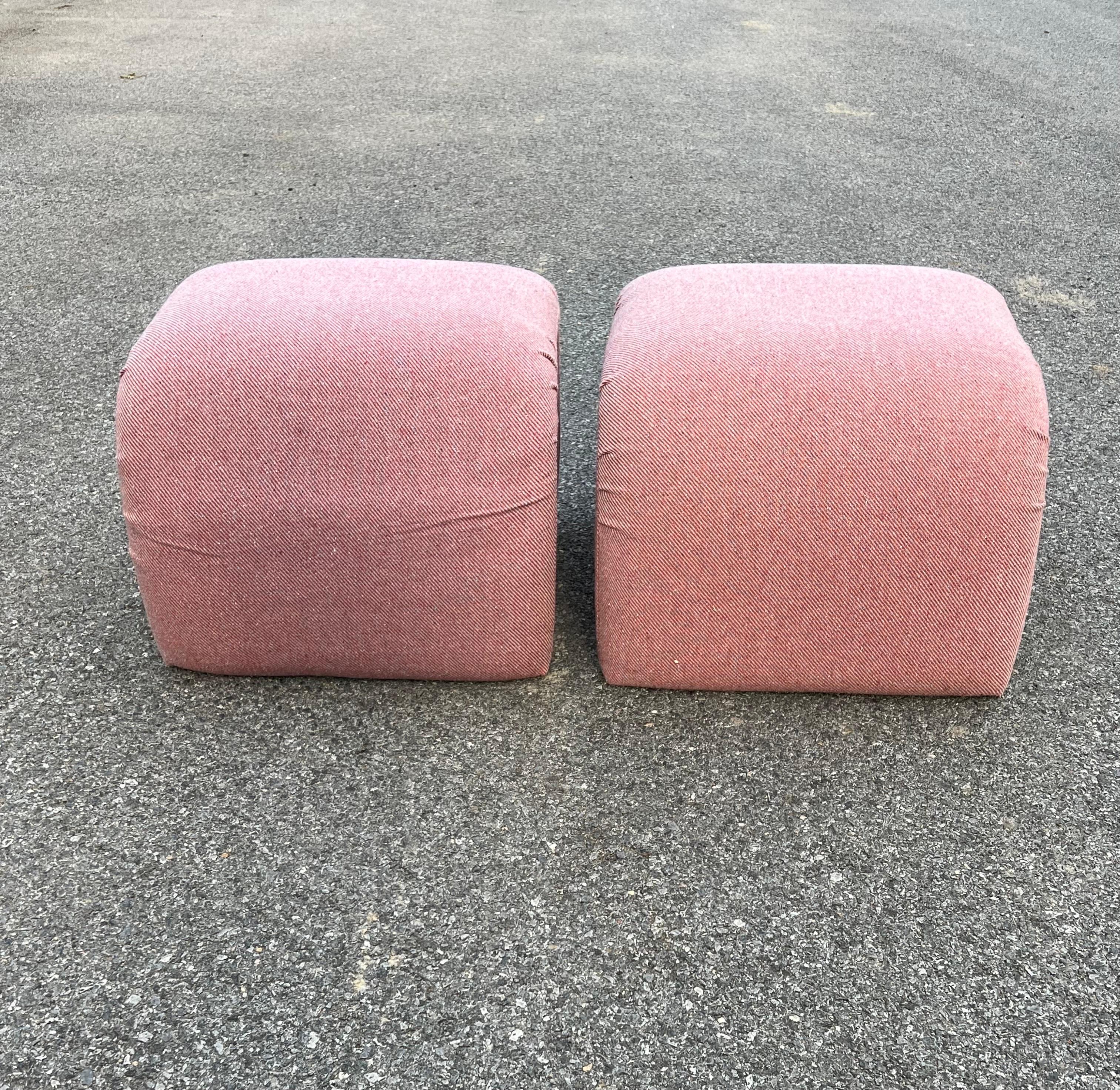 Pair of very trendy pink waterfall ottomans in very good vintage condition, this style can be seen in all home decor magazines, you can use these ottomans at end of beds, living room, under a console table for extra seating when needed, foyer… you