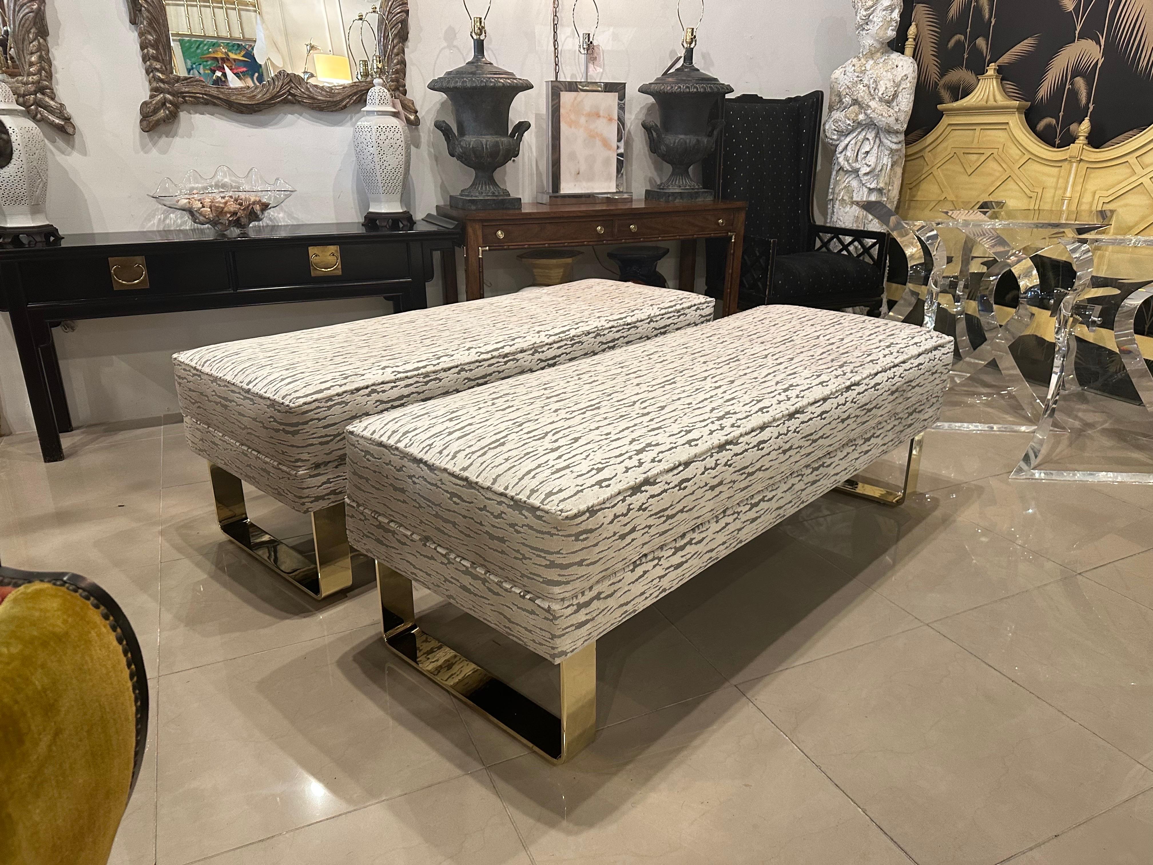Vintage Waterfall Solid Brass Bench Velvet Pair Available Milo Baughman Style In Good Condition In West Palm Beach, FL