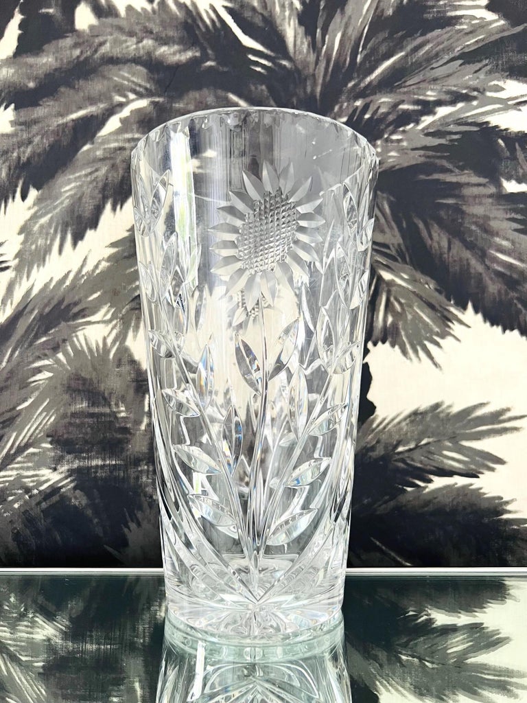 Vintage Waterford Crystal Cut Glass Vase with Etched Sunflowers